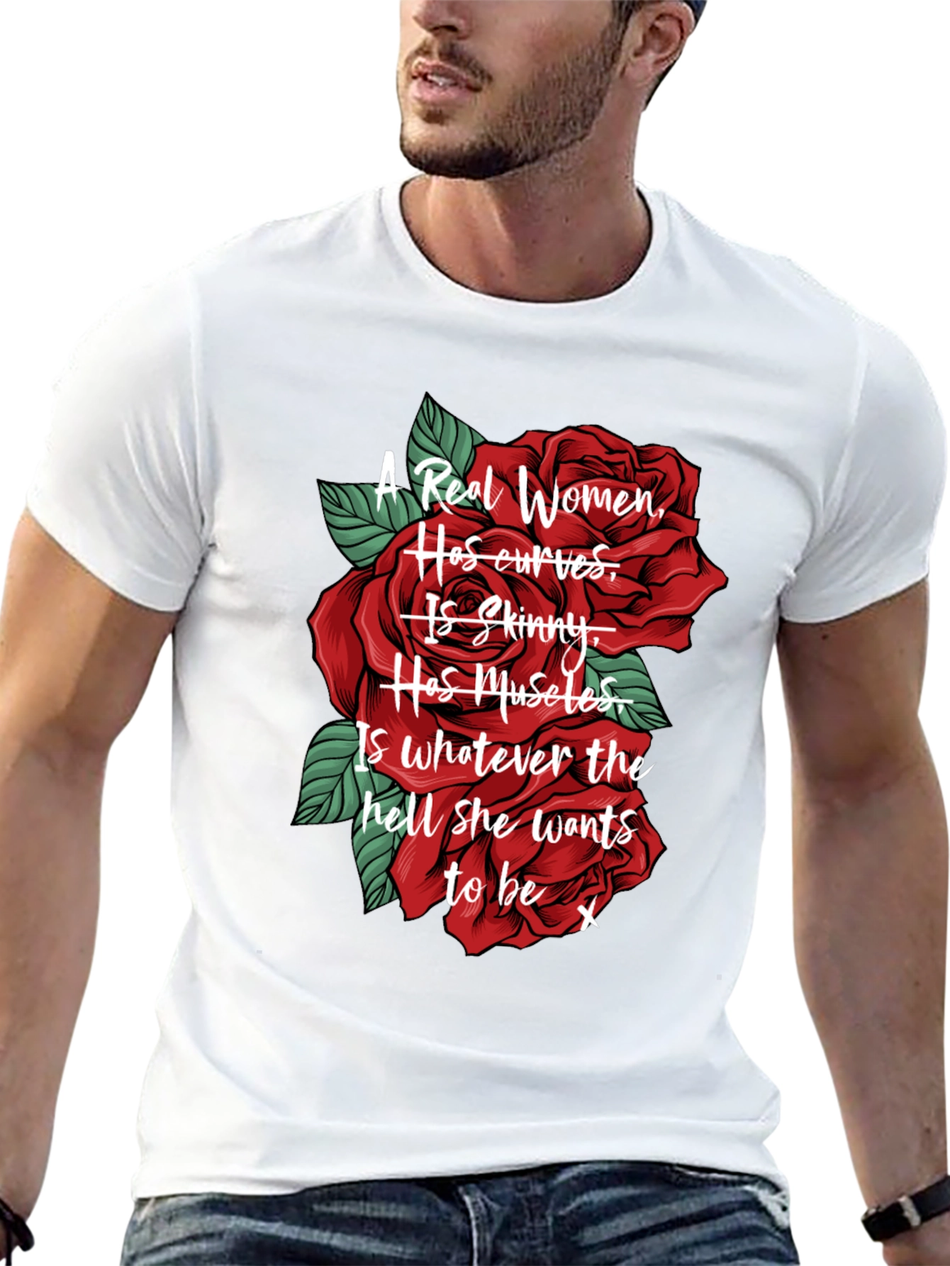 Black A Real Women T-Shirt - Red Roses Design view 13