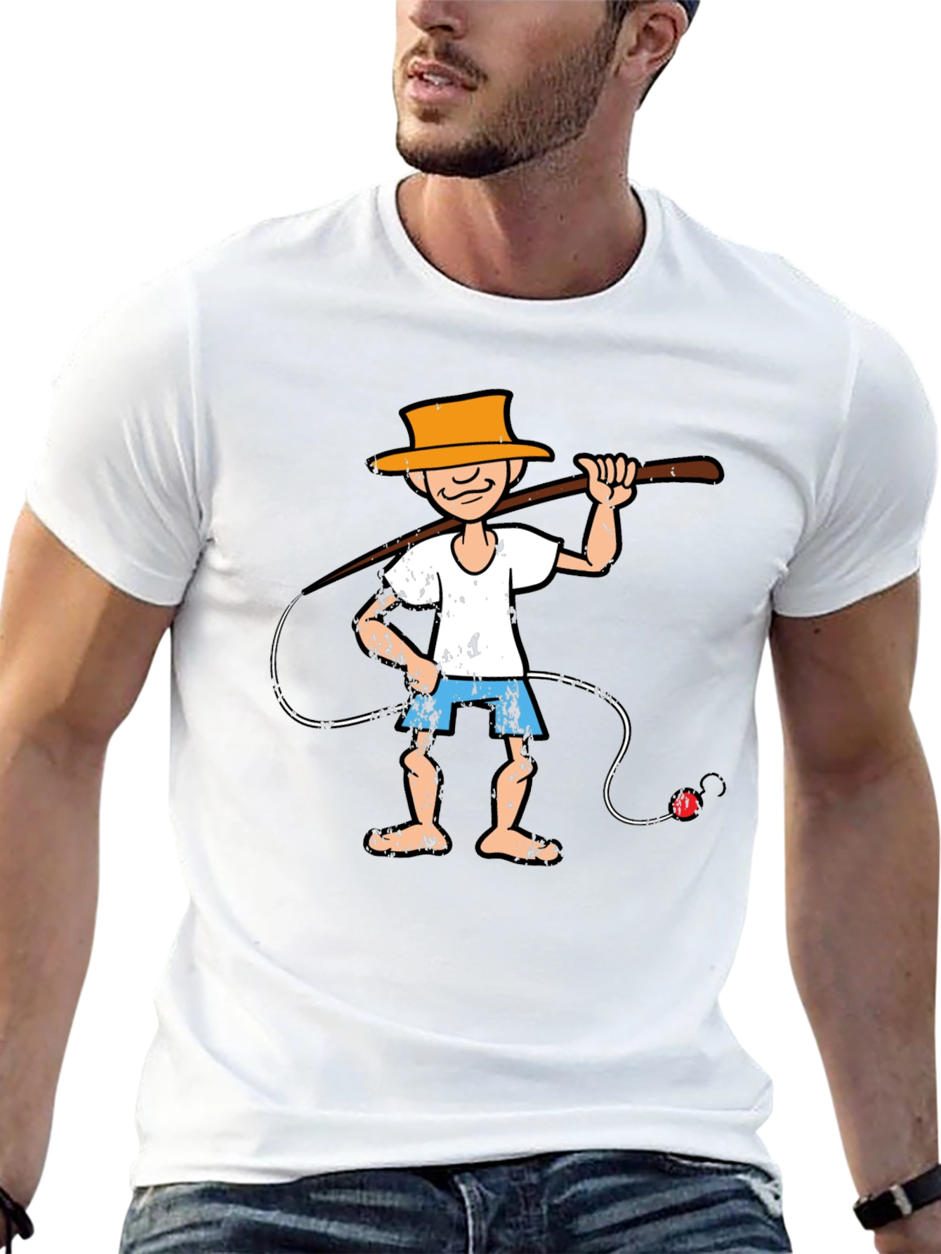 Black Cartoon Fisherman Graphic Tee - Unique Humor T-Shirt view 13