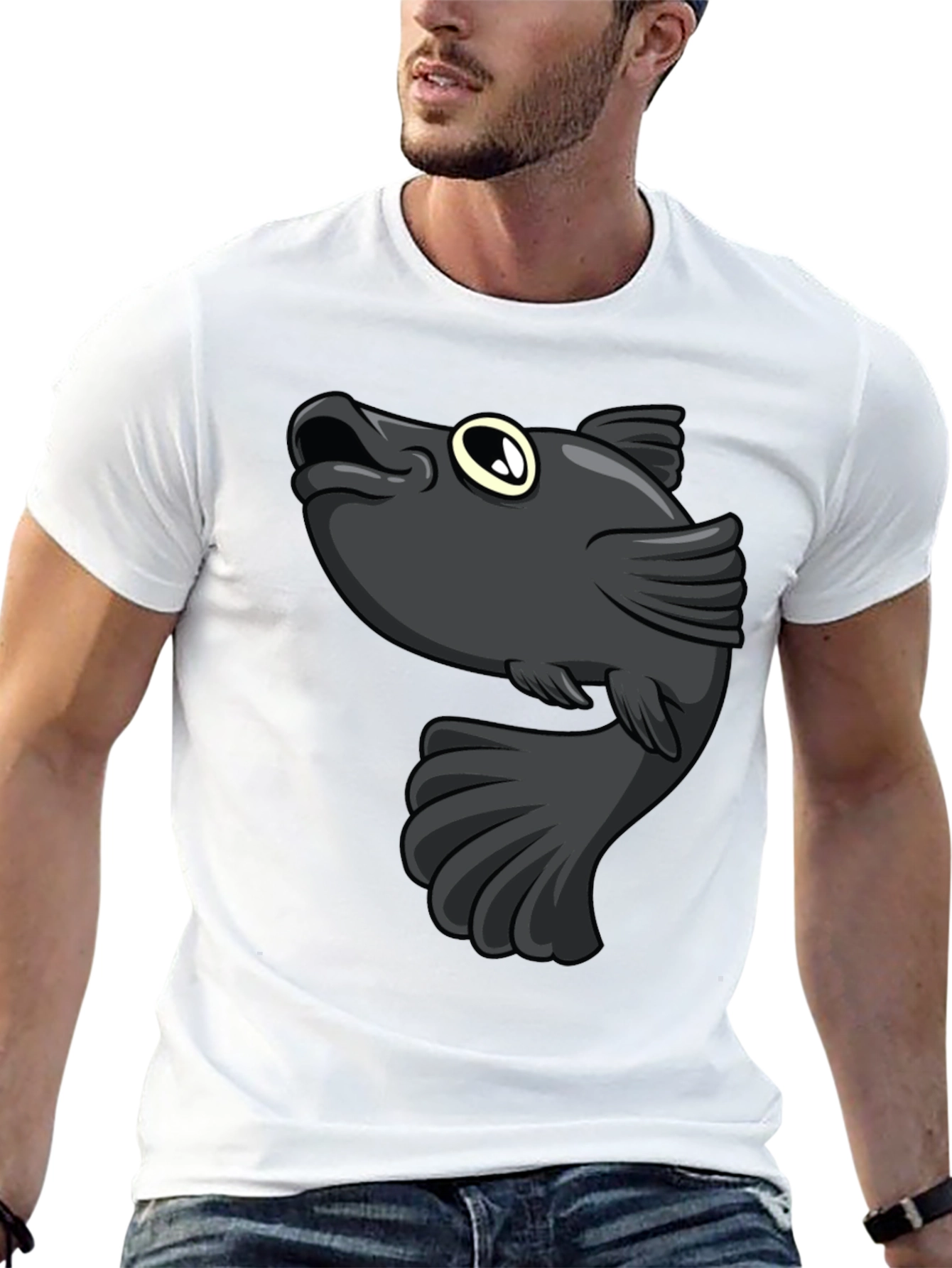 Cartoon Fish Graphic Print Black T-Shirt - 13