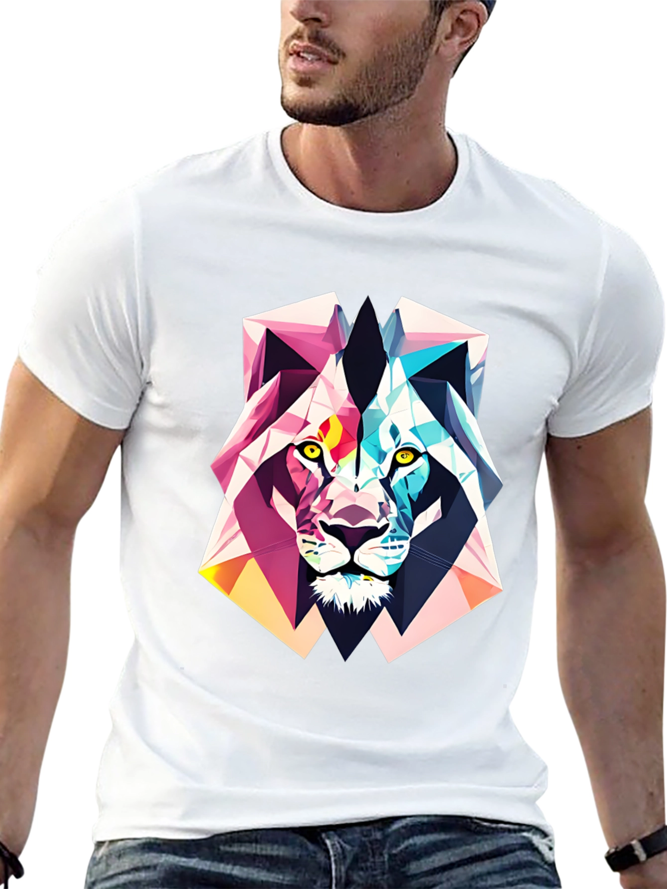 Black Geometric Lion Graphic Tee - Abstract Art Shirt view 13
