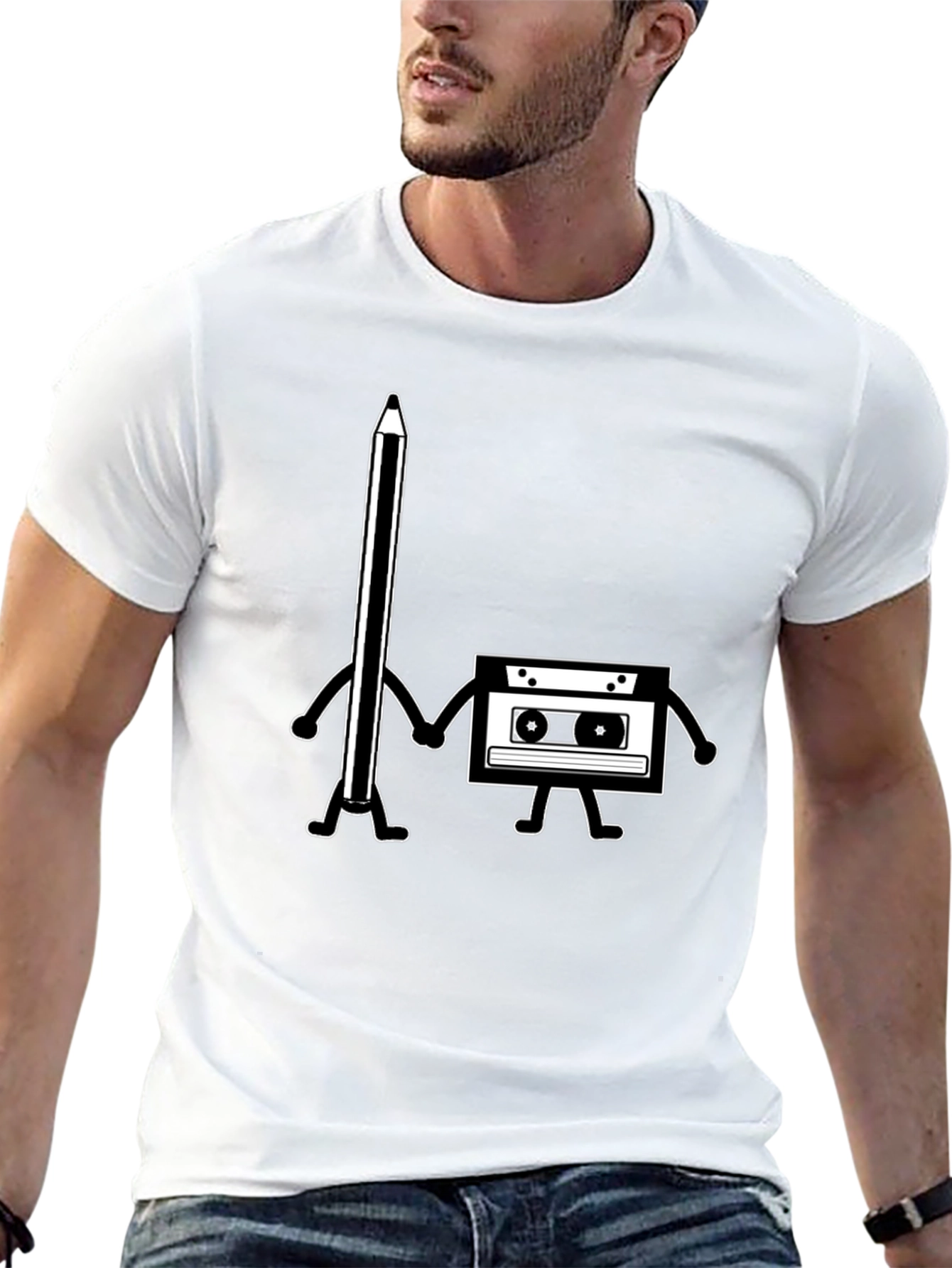 Black Retro Music Lover Tee - Pencil & Cassette Best Friends view 13