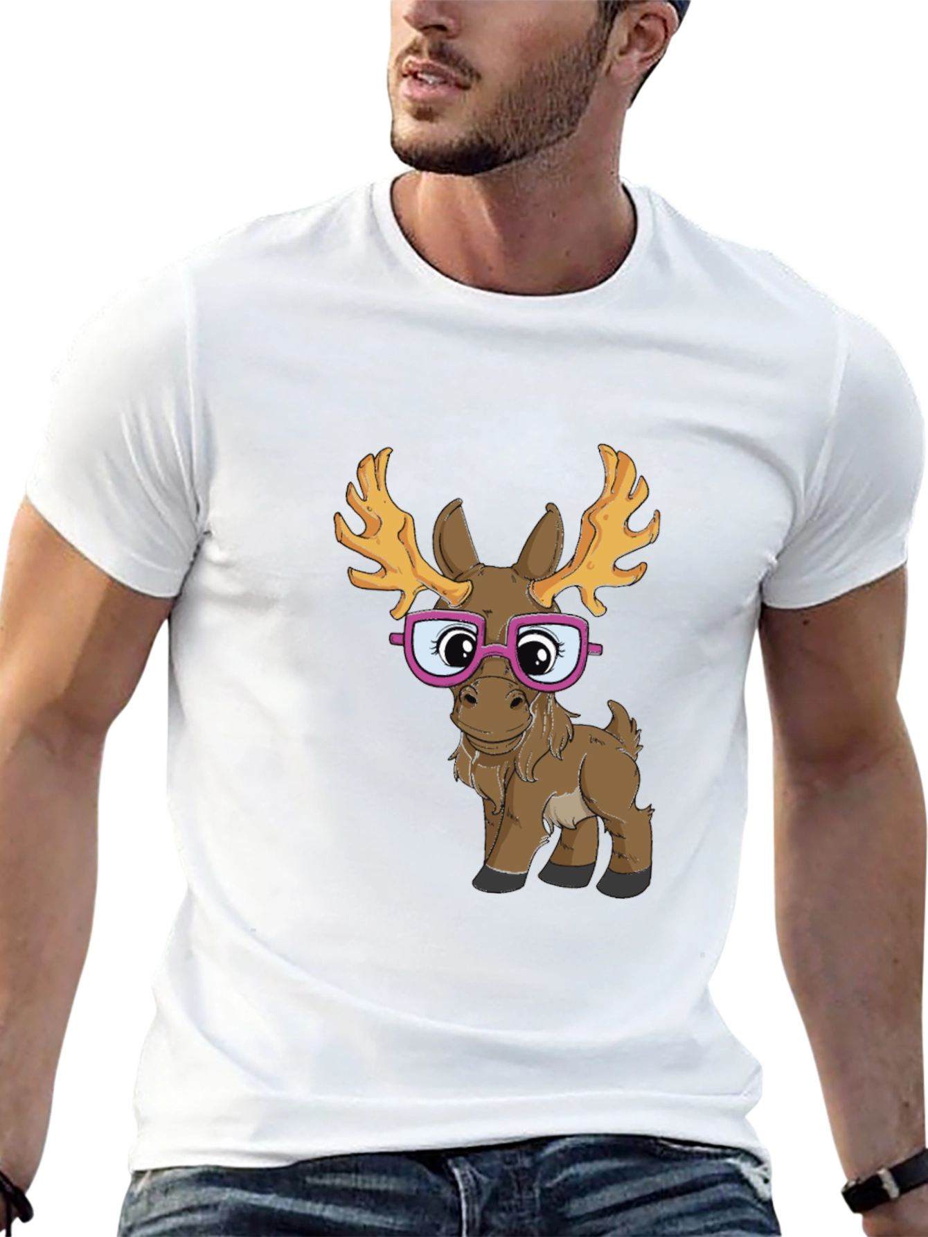Black Funny Moose with Glasses Graphic Tee view 13
