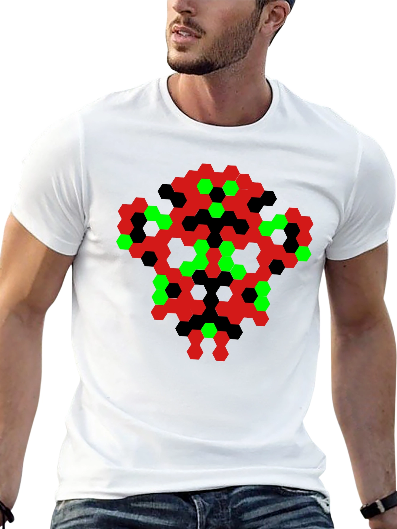 Black Abstract Hexagon Pattern Black T-Shirt view 13