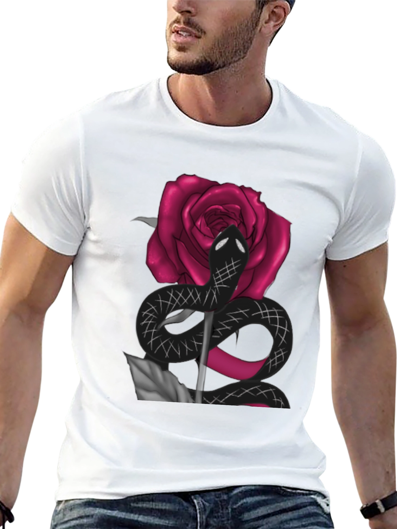 Black Snake & Rose Graphic Tee - Bold Statement T-Shirt view 13