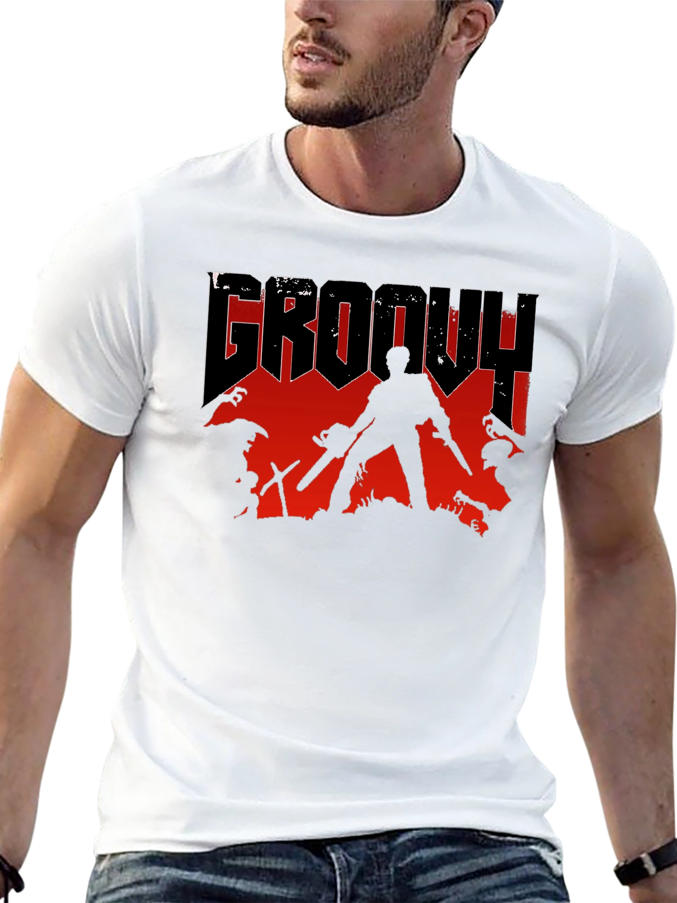 Black Groovy Horror T-Shirt - Chainsaw & Boomstick Design view 13