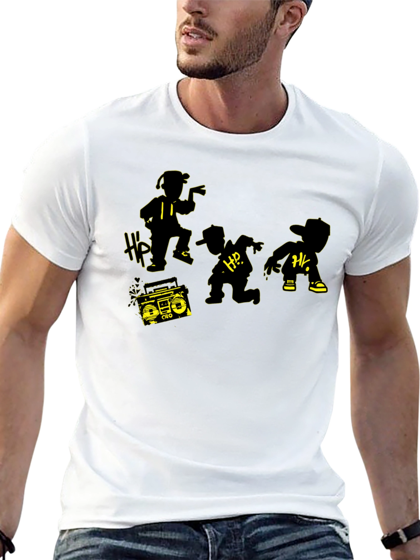 Black Retro Hip Hop Crew T-Shirt - Classic Boombox Design view 13