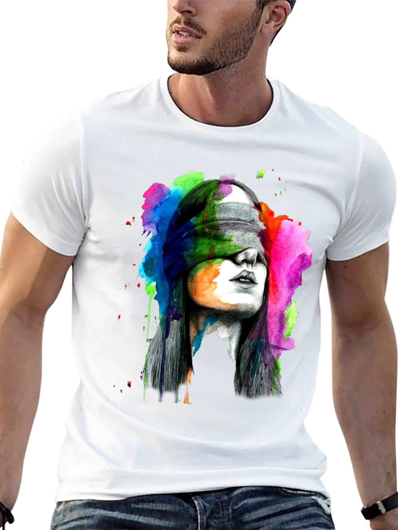 Black Blindfolded Woman Graphic Tee - Artistic Black T-Shirt view 13