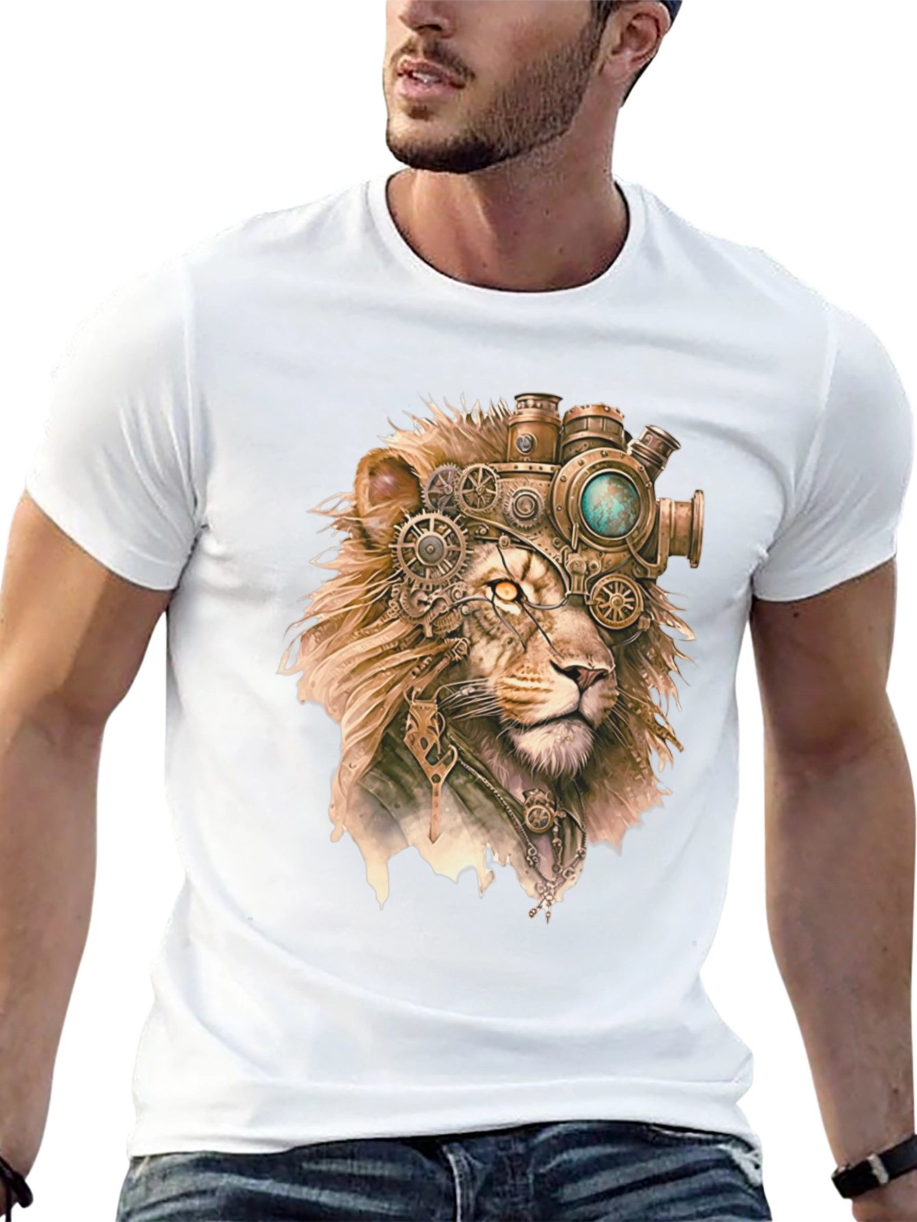 Black Steampunk Lion Graphic Print Black T-Shirt view 13