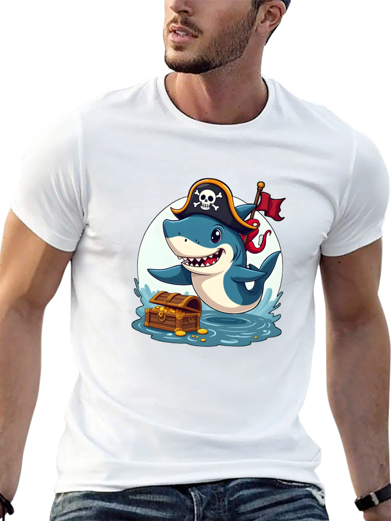Black Pirate Shark T-Shirt - Cartoon Graphic Tee view 13