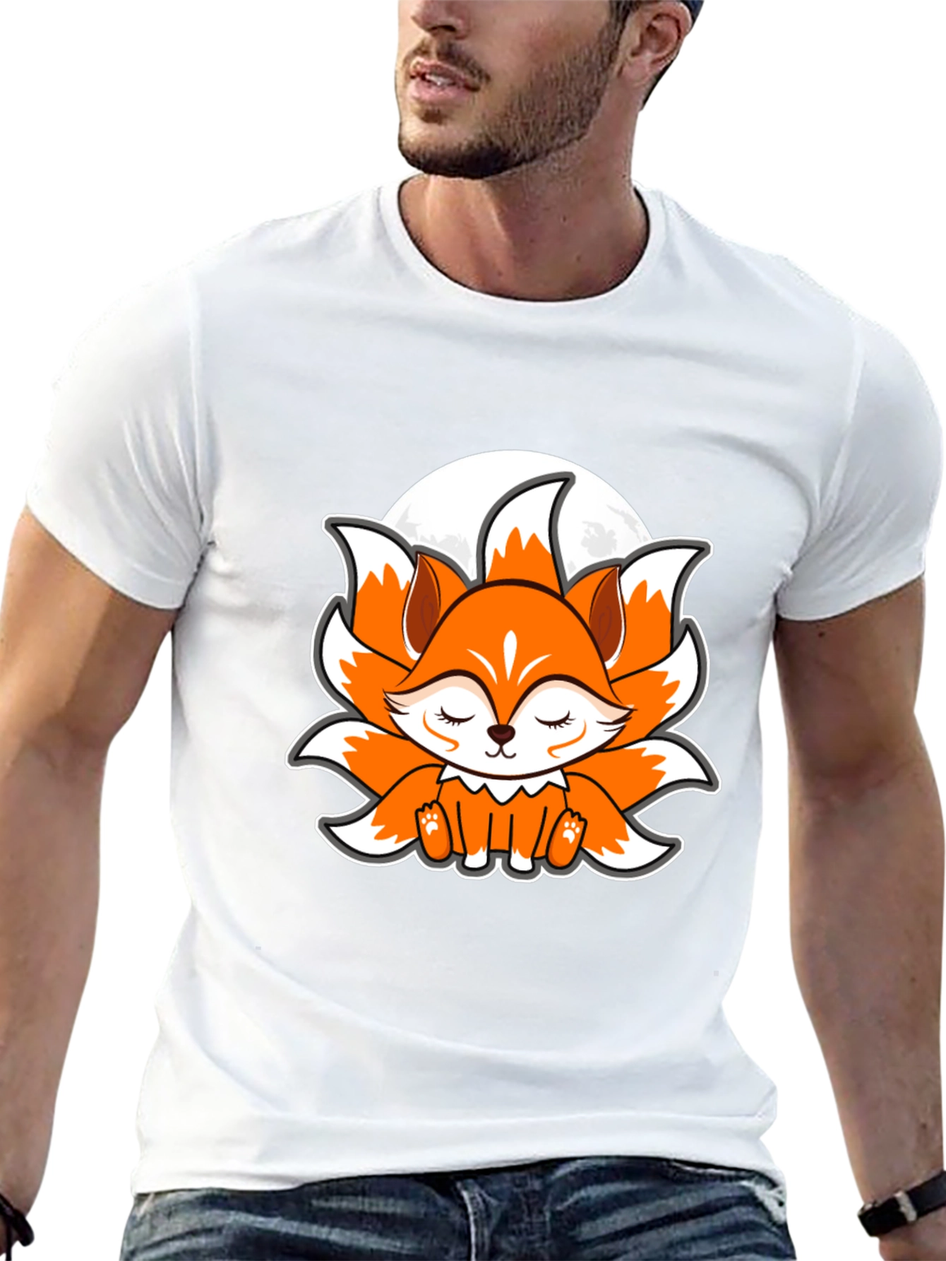 Black Cute Anime Fox Graphic Tee - Black Cotton T-Shirt view 13