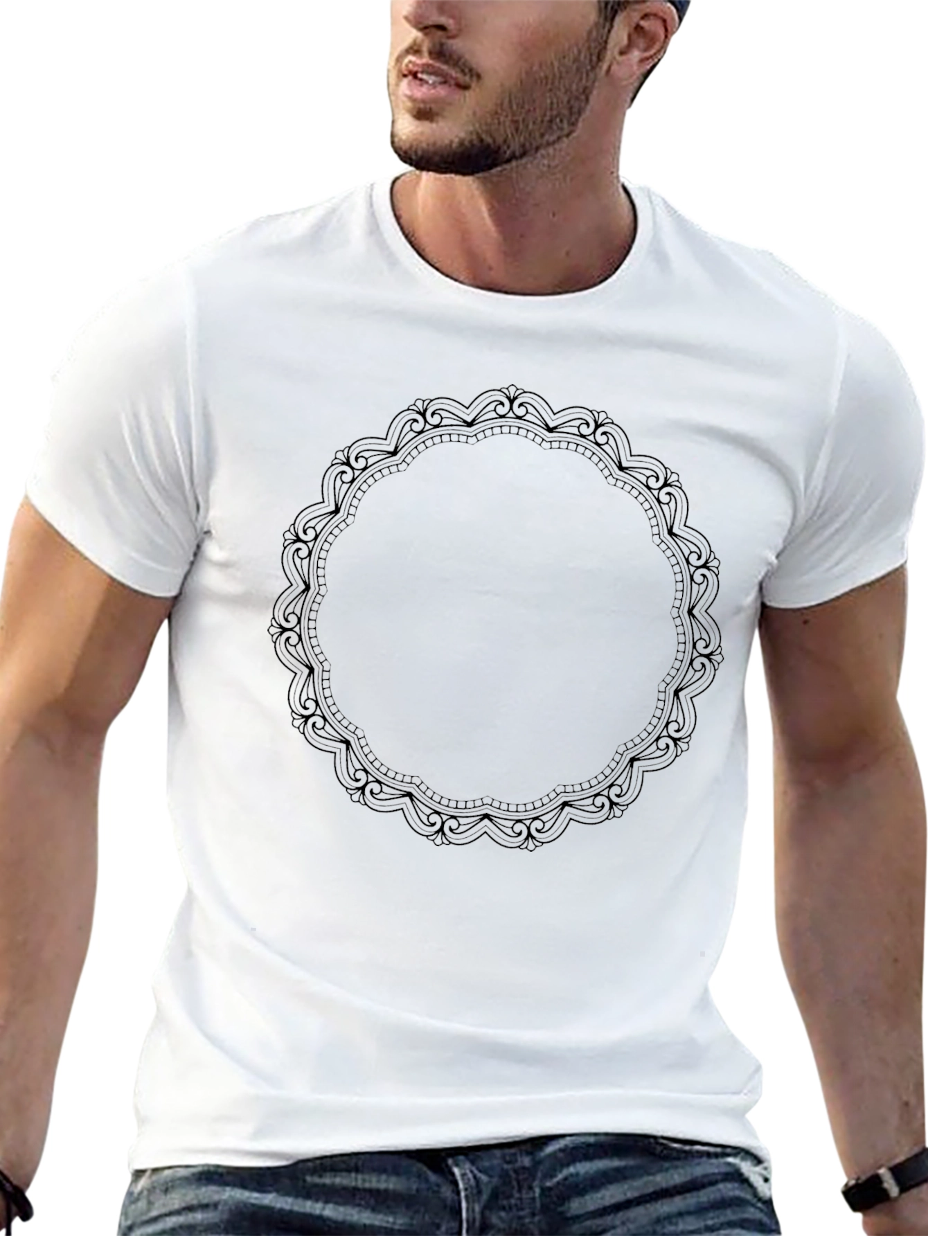 Black Men's Black T-Shirt with Ornamental Circle Design view 13