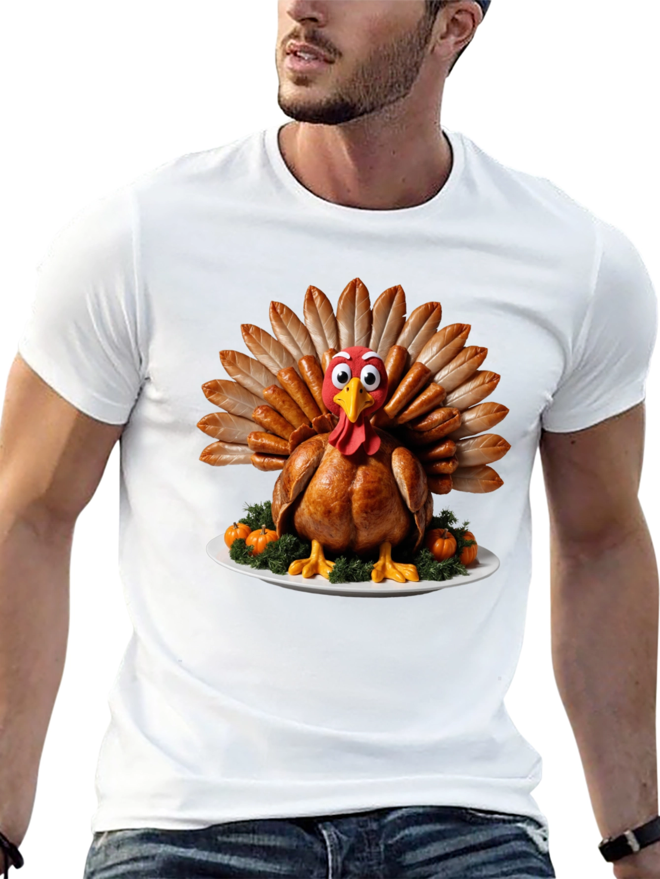 Black Thanksgiving Turkey T-Shirt - Sausage Feather Cartoon Bird view 13