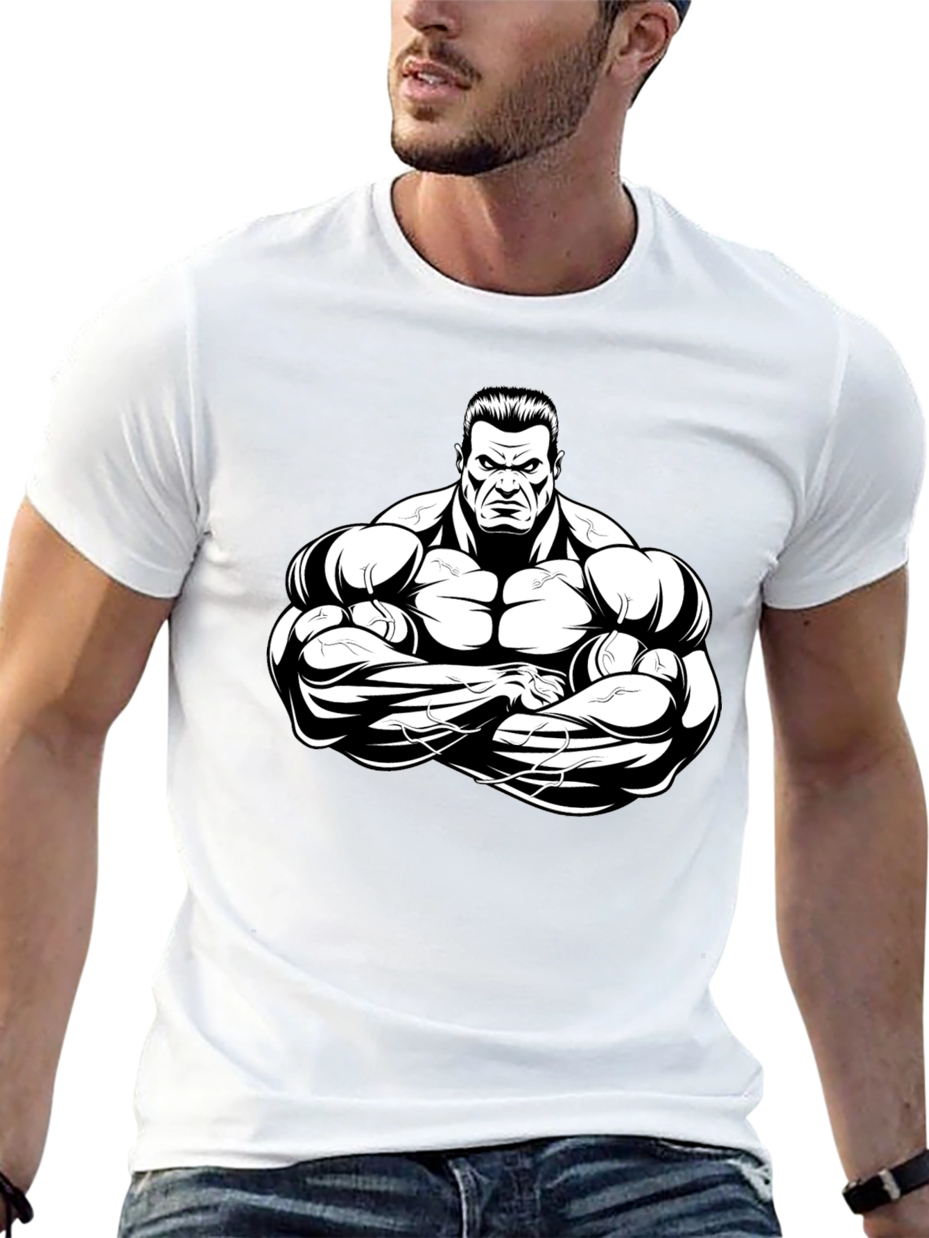 Black Black T-Shirt with Muscular Cartoon Graphic view 13
