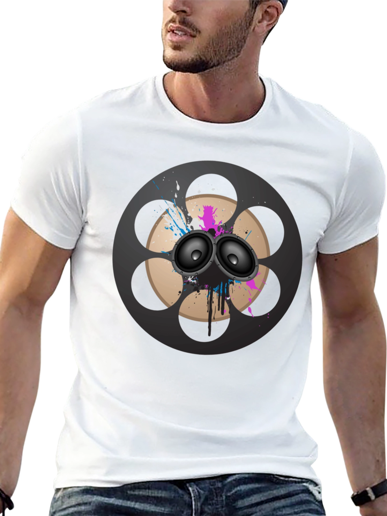 Black Retro Film Reel Speaker Graphic T-Shirt view 13