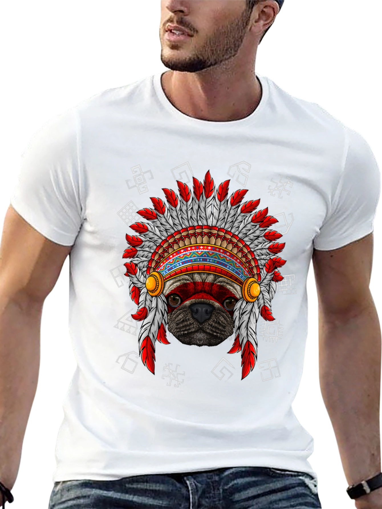 Black Pug Indian Chief Headdress Graphic T-Shirt view 13