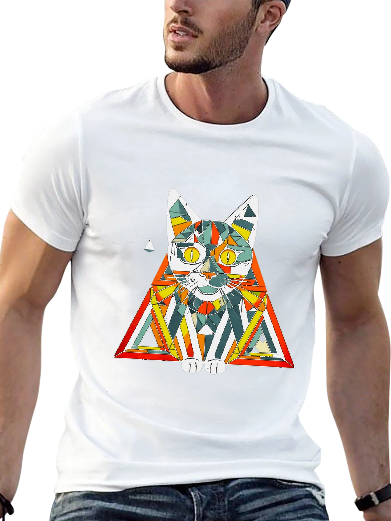 Black Geometric Cat T-Shirt: Colorful & Modern view 13