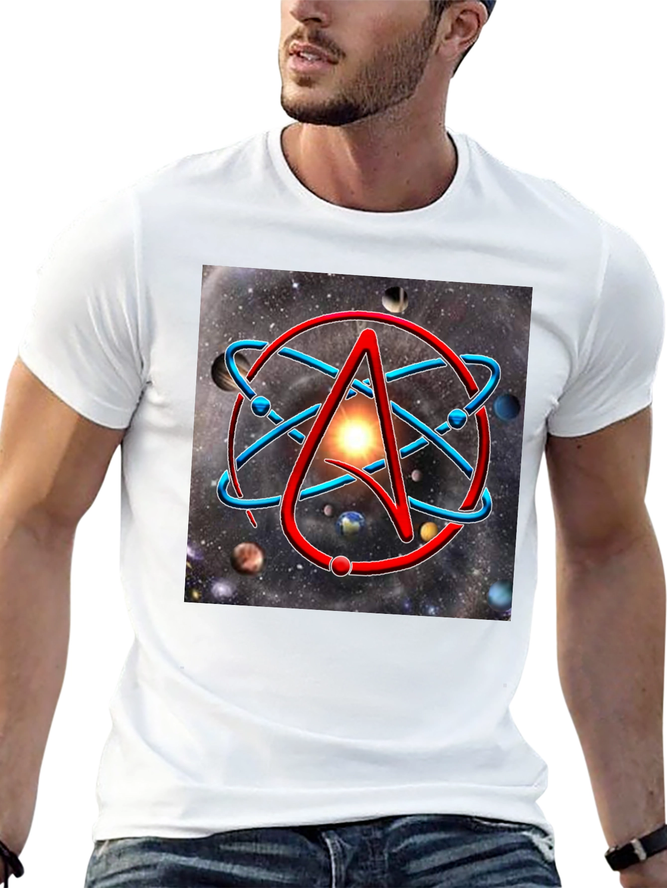 Black Atheist Symbol Graphic Tee - Space Background view 13