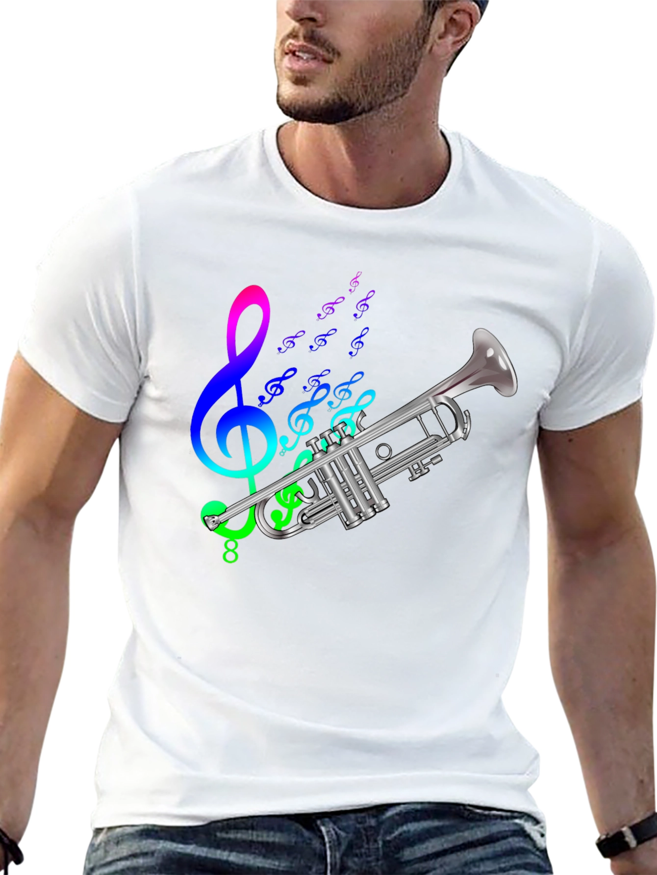 Black Musical Trumpet Graphic Tee - Black Cotton T-Shirt view 13