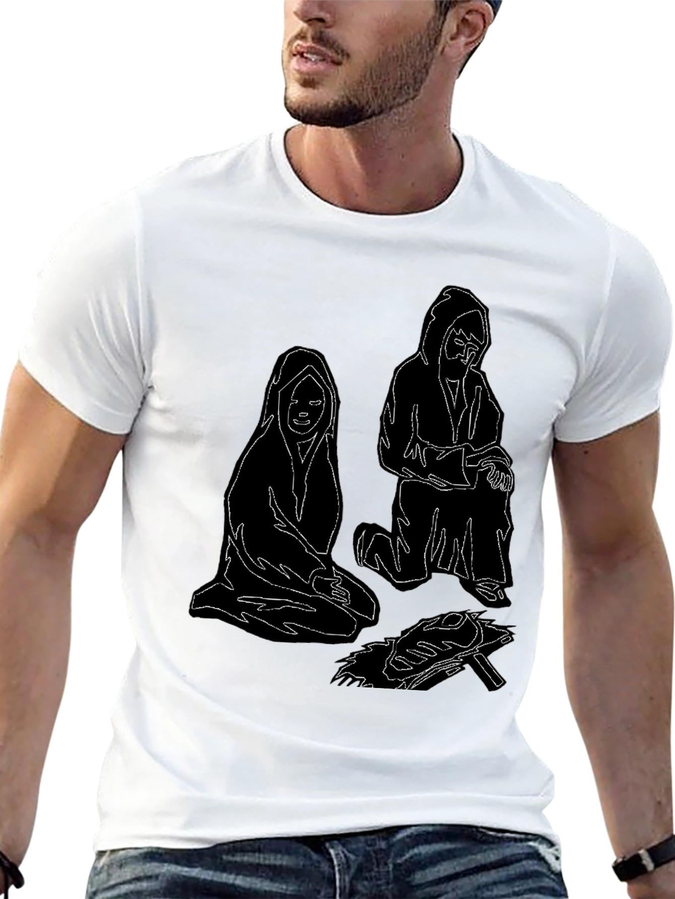 Black Unique Black T-Shirt with Illustrated Figures by Fire view 13