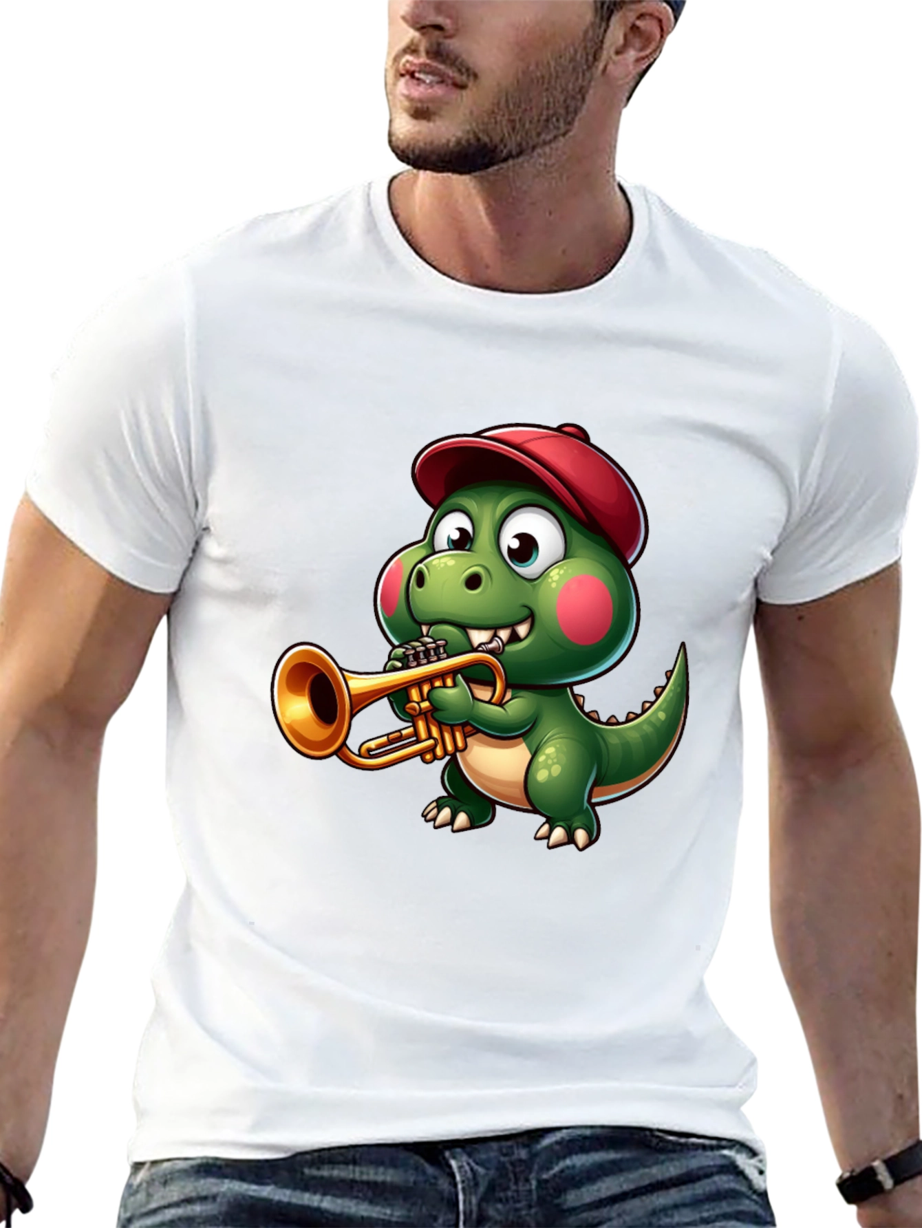 Black Trumpet Dinosaur T-Shirt - Cartoon Music Tee view 13