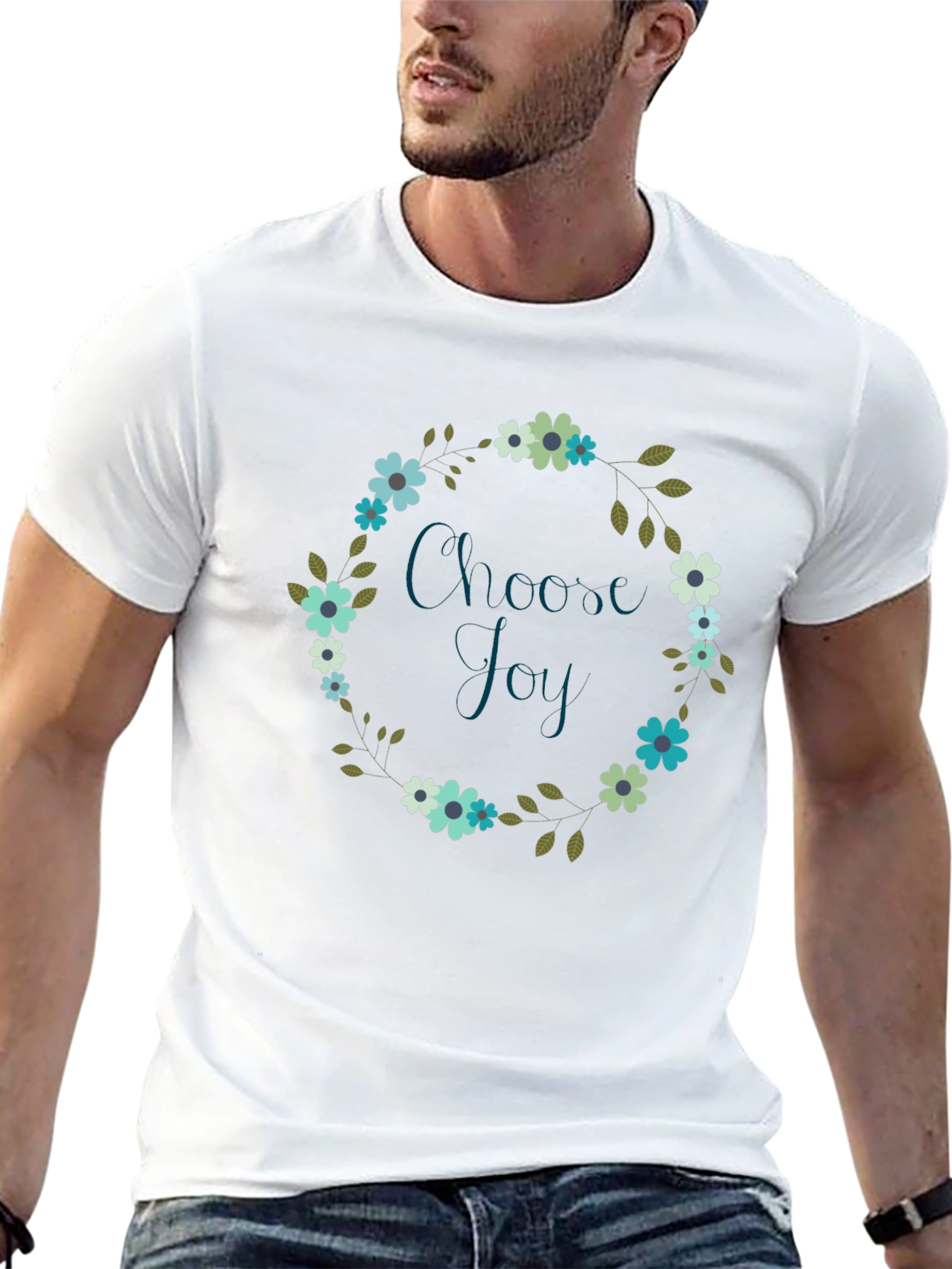 Black Choose Joy Floral Wreath Black T-Shirt view 13