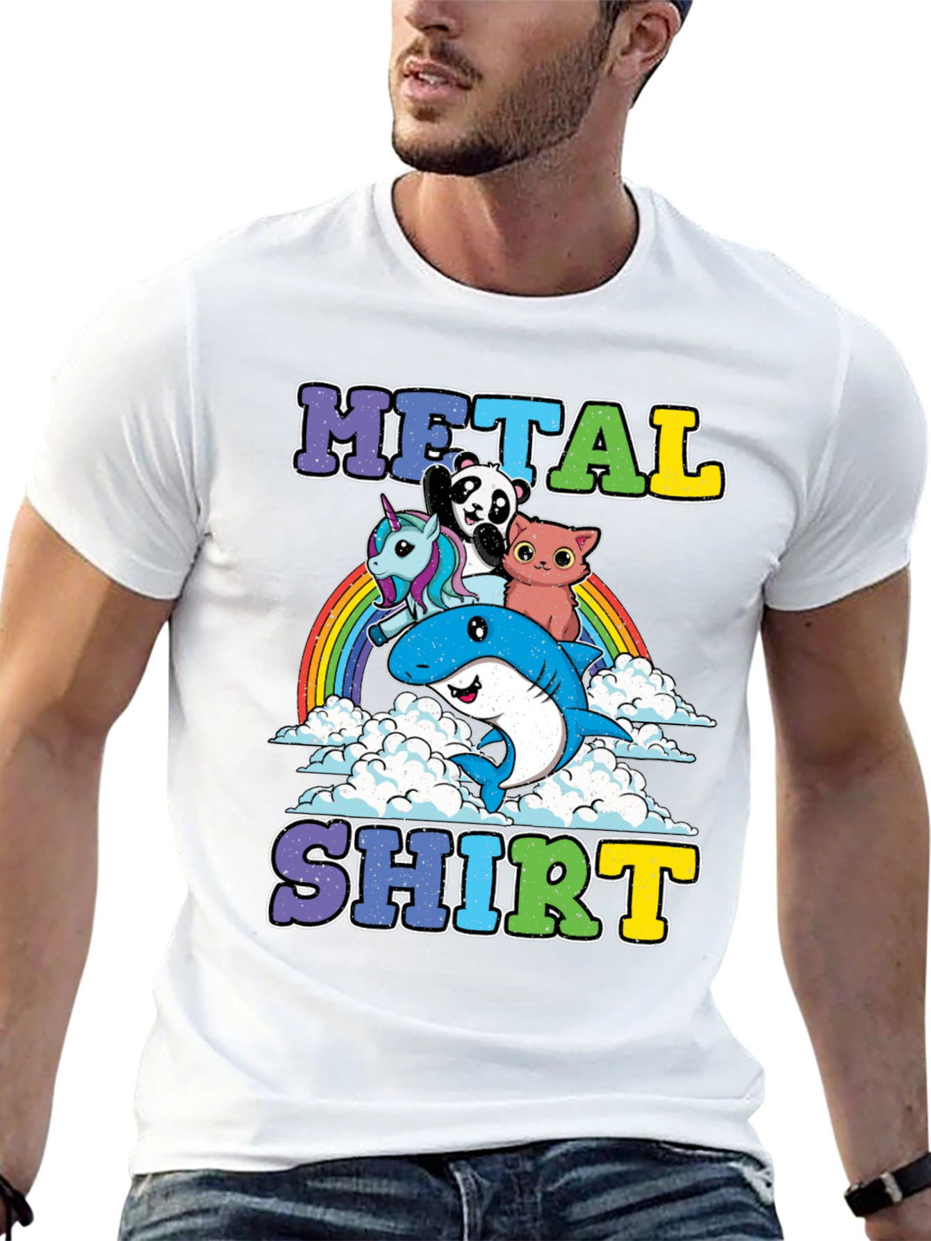 Black Metal Shirt with Cartoon Animals on Rainbow view 13