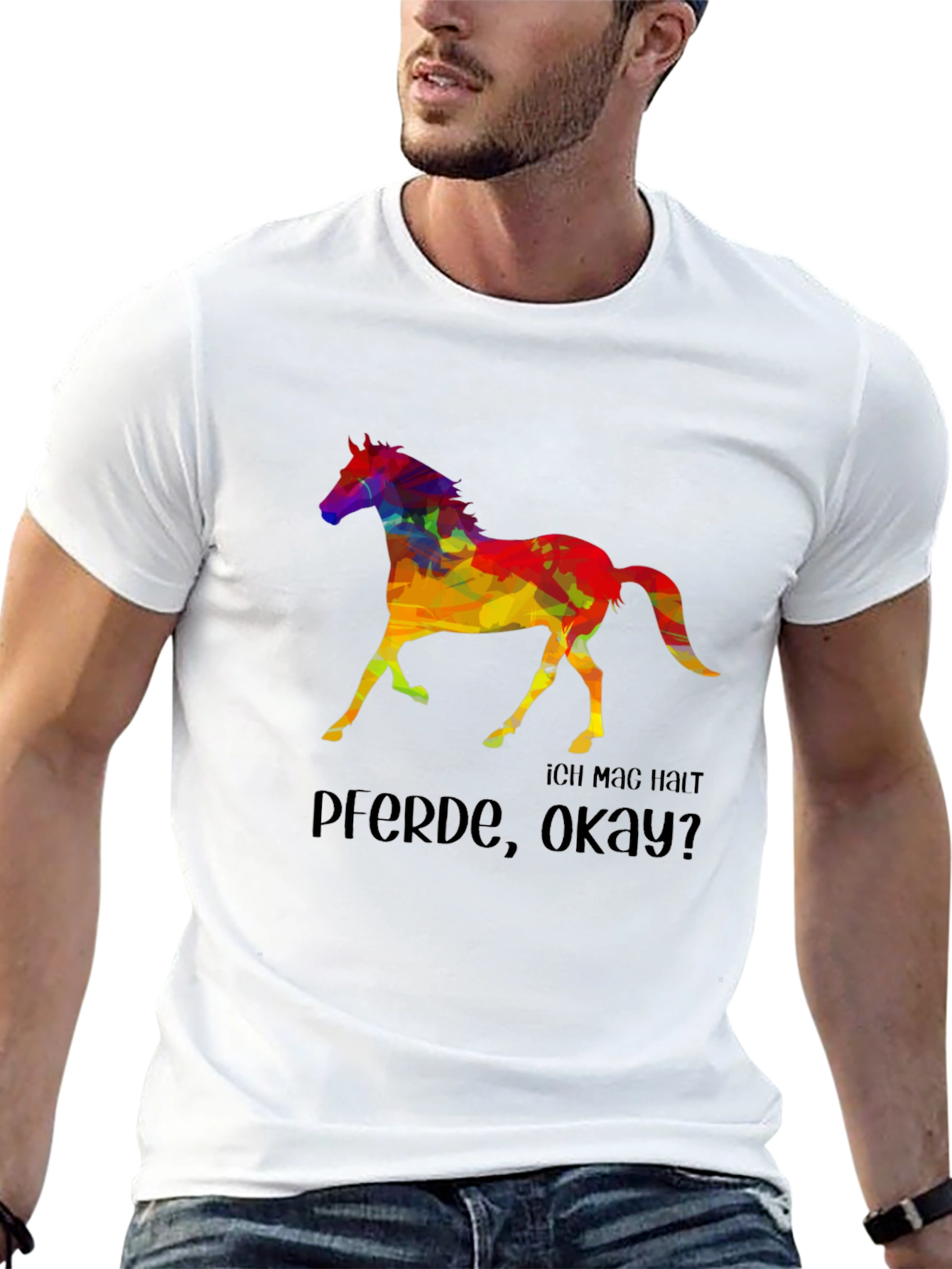 Black Colorful Horse Graphic T-Shirt - "Ich Mag Halt Pferde, Okay?" view 13