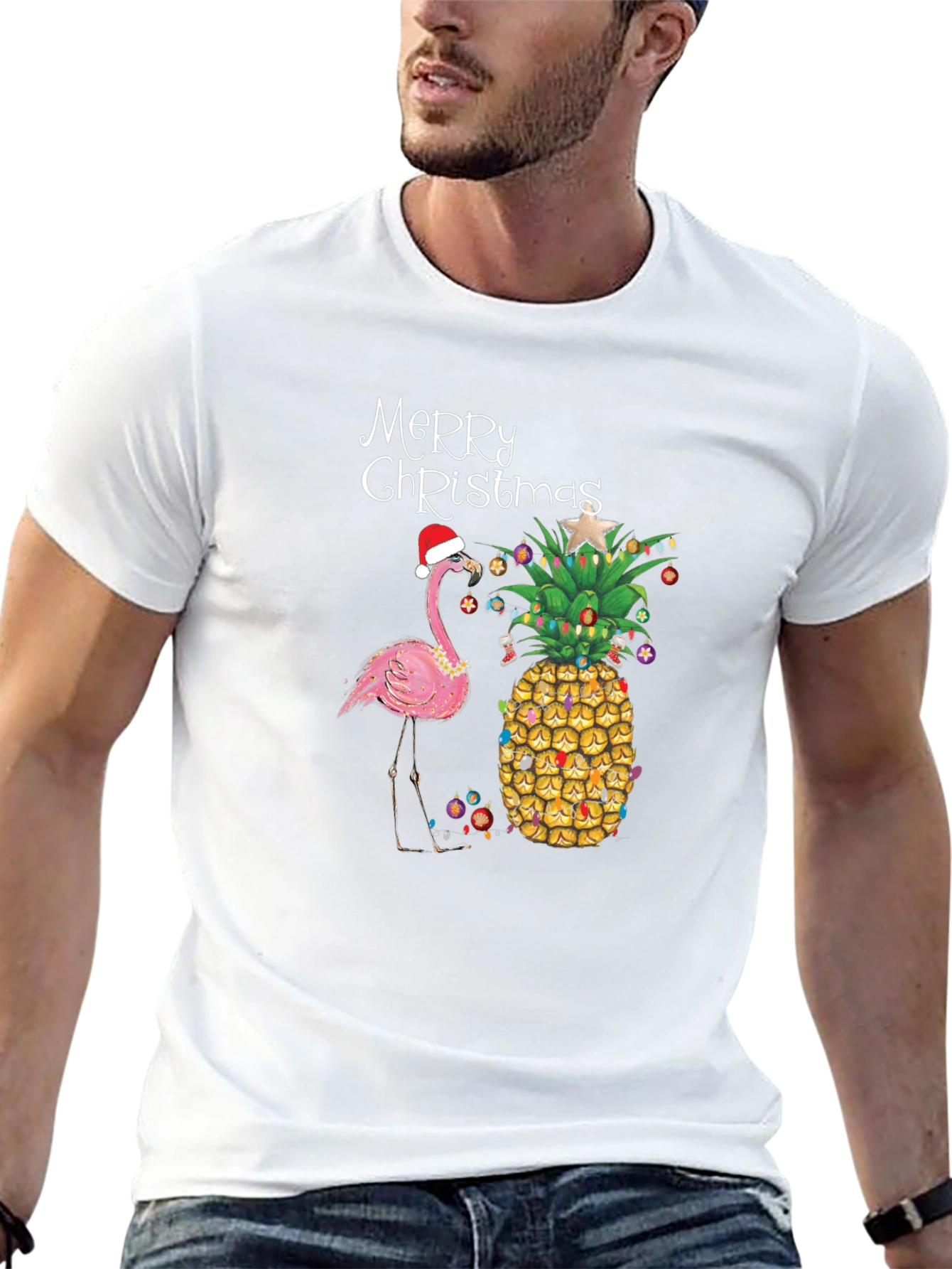 Black Festive Flamingo Pineapple Christmas Tee view 13