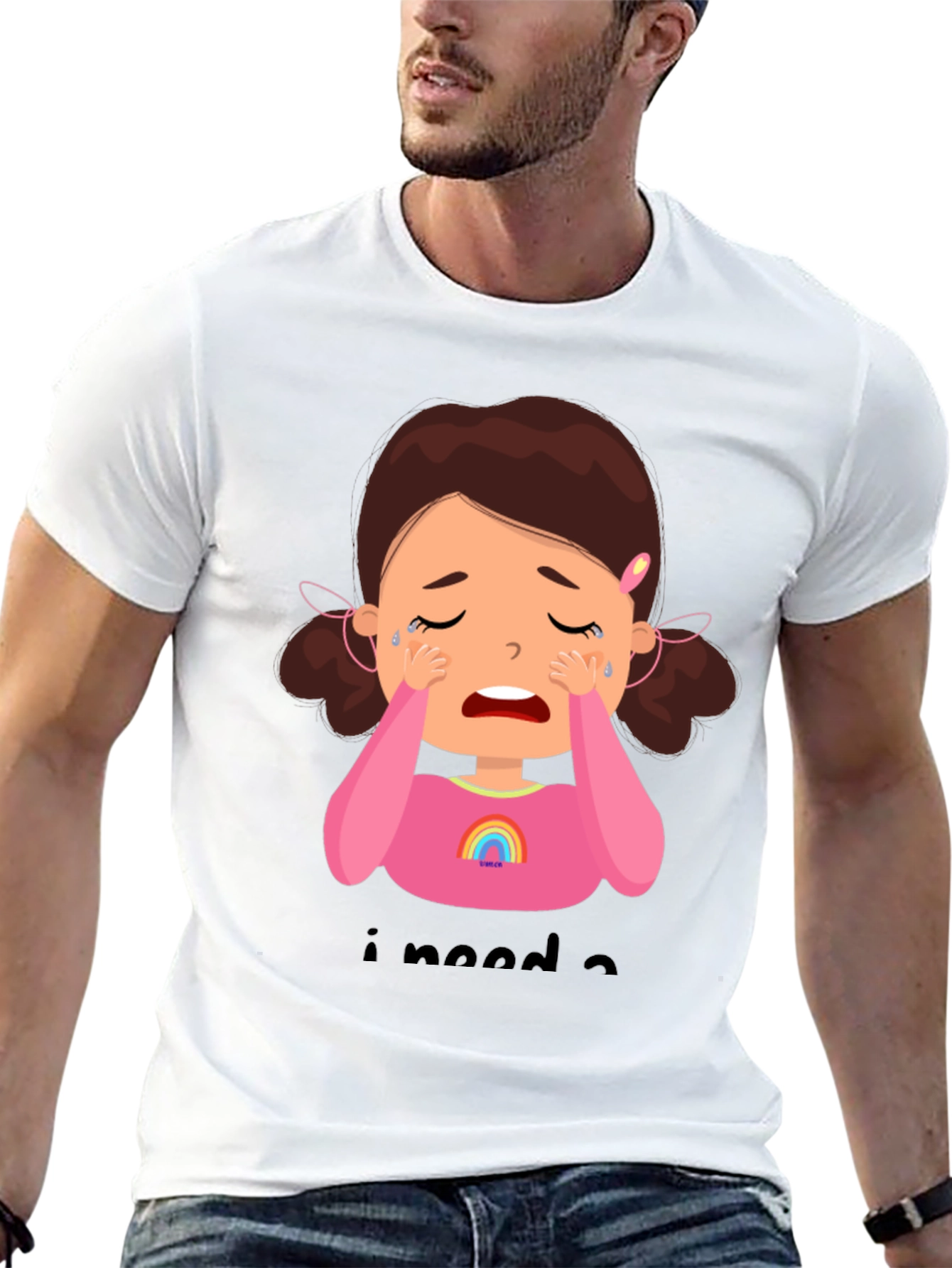 Black Crying Cartoon Girl Graphic Tee - Black Unisex Shirt view 13