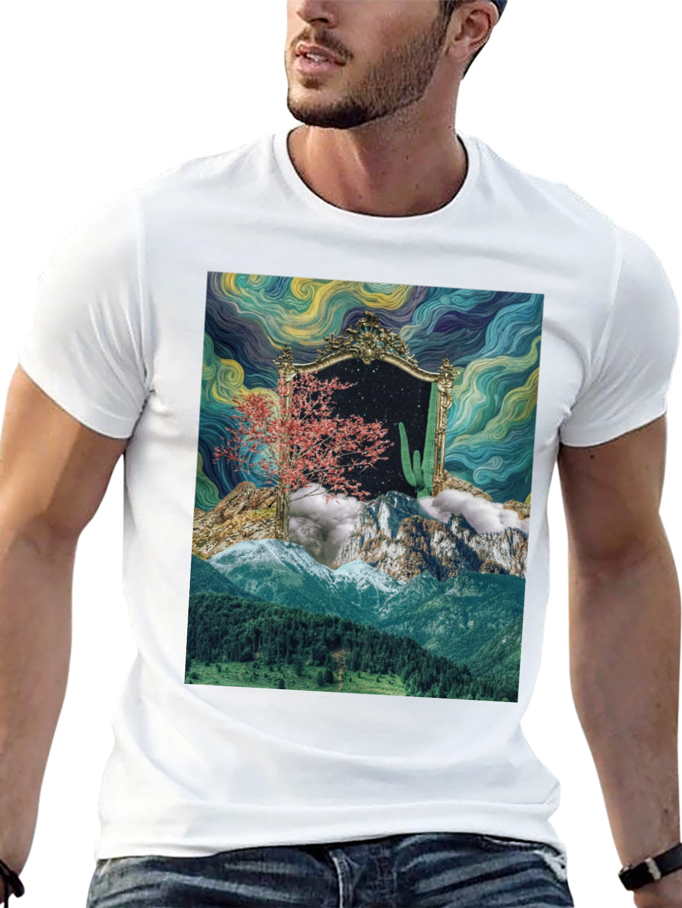Black Surreal Landscape Mirror Graphic T-Shirt view 13