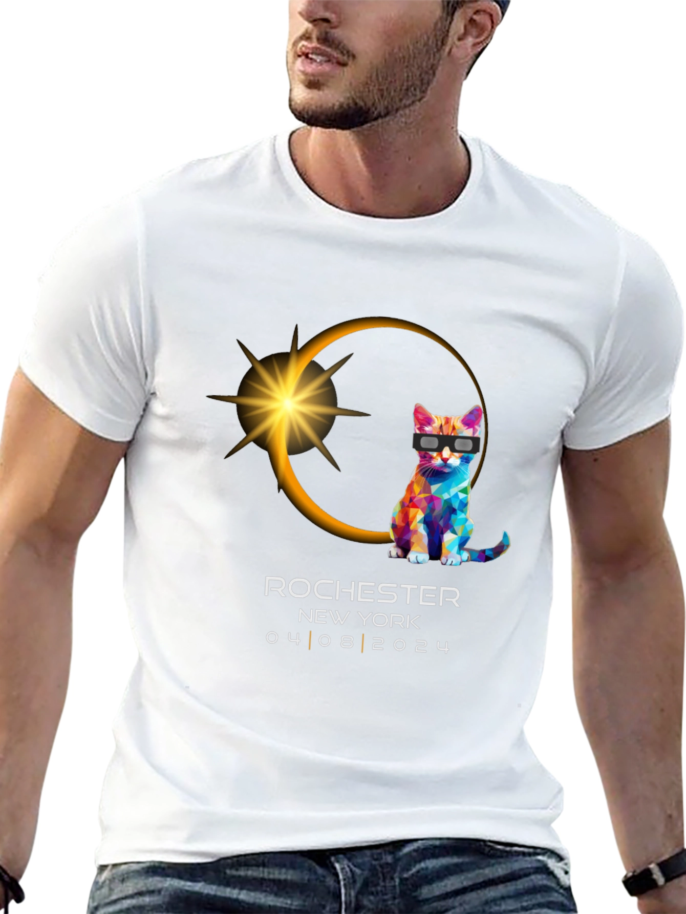 Black Rochester NY Eclipse 2024 Cat T-Shirt view 13