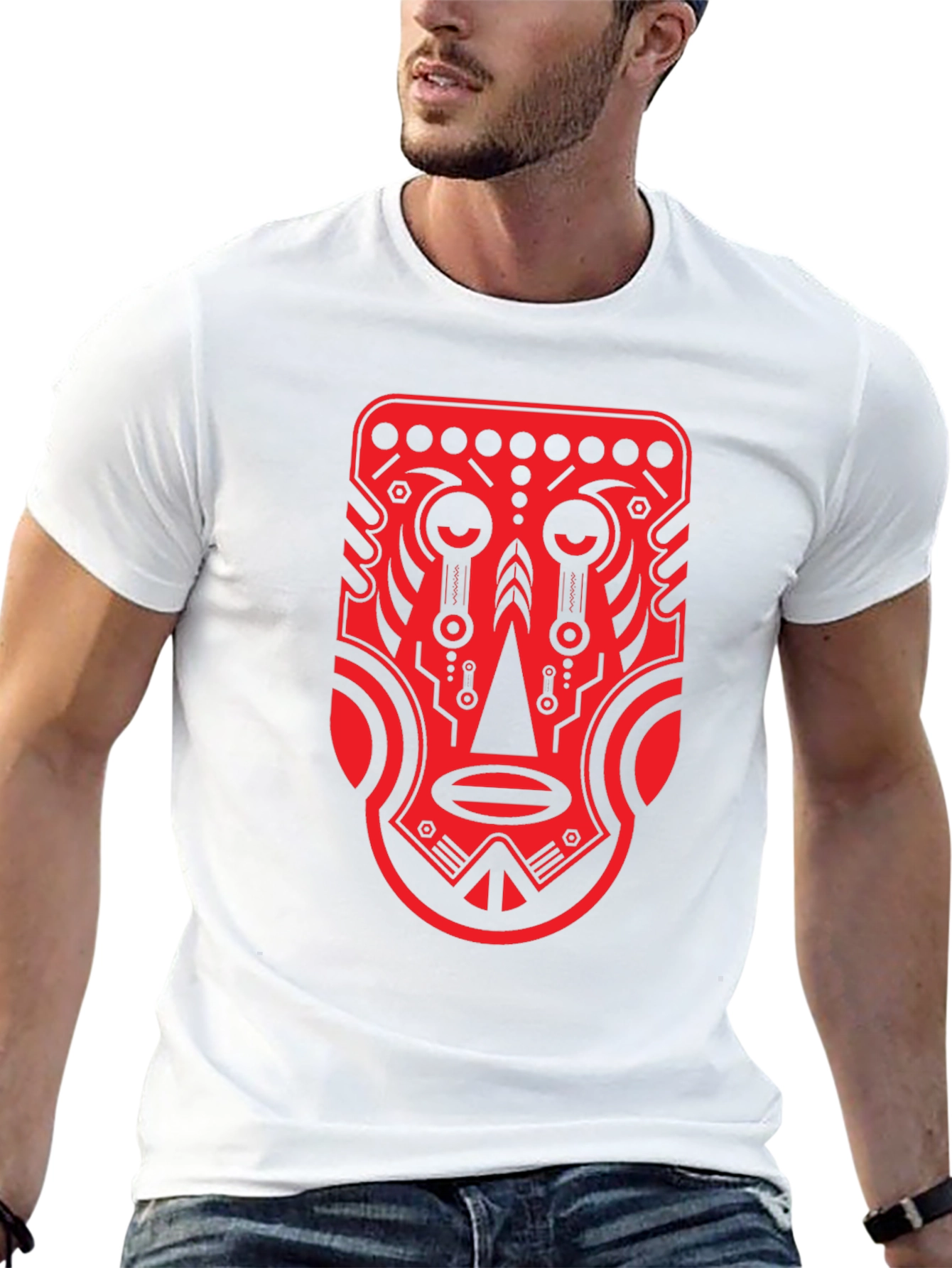 Black Tribal Mask Graphic Tee - Bold Red Design view 13
