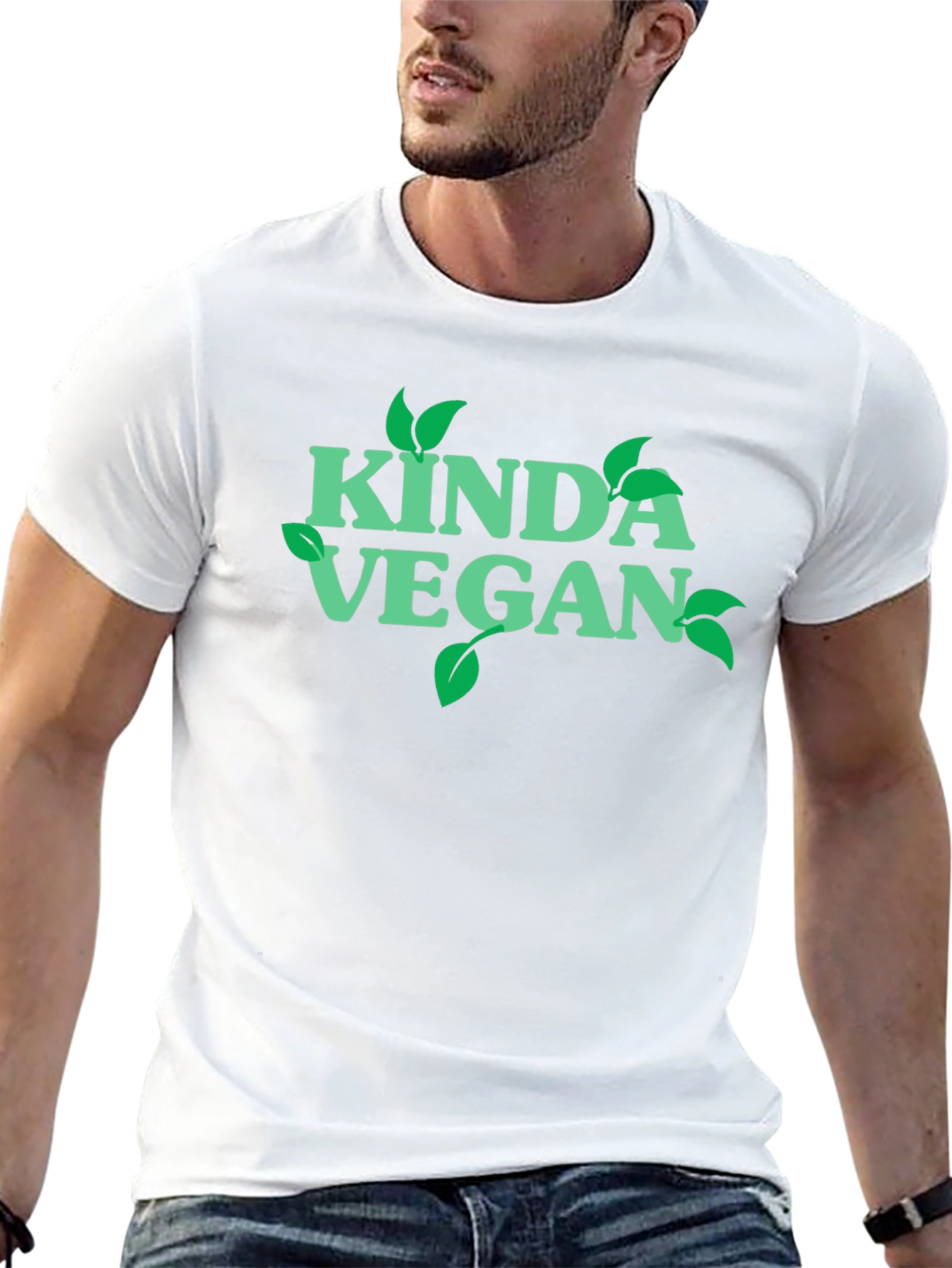 Black Kinda Vegan T-Shirt - Green Leaf Design view 13