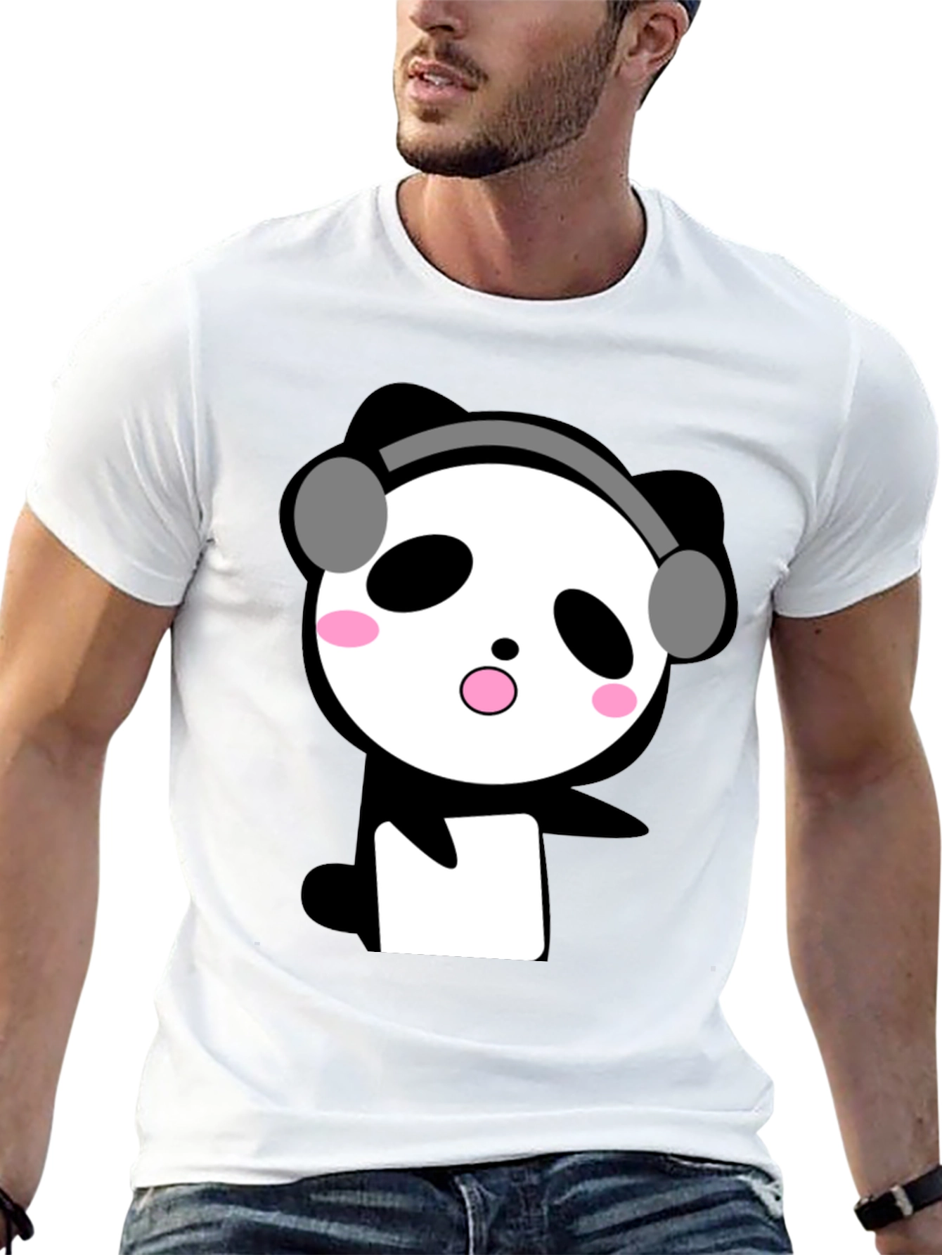 Black Cute Panda with Headphones Black T-Shirt view 13