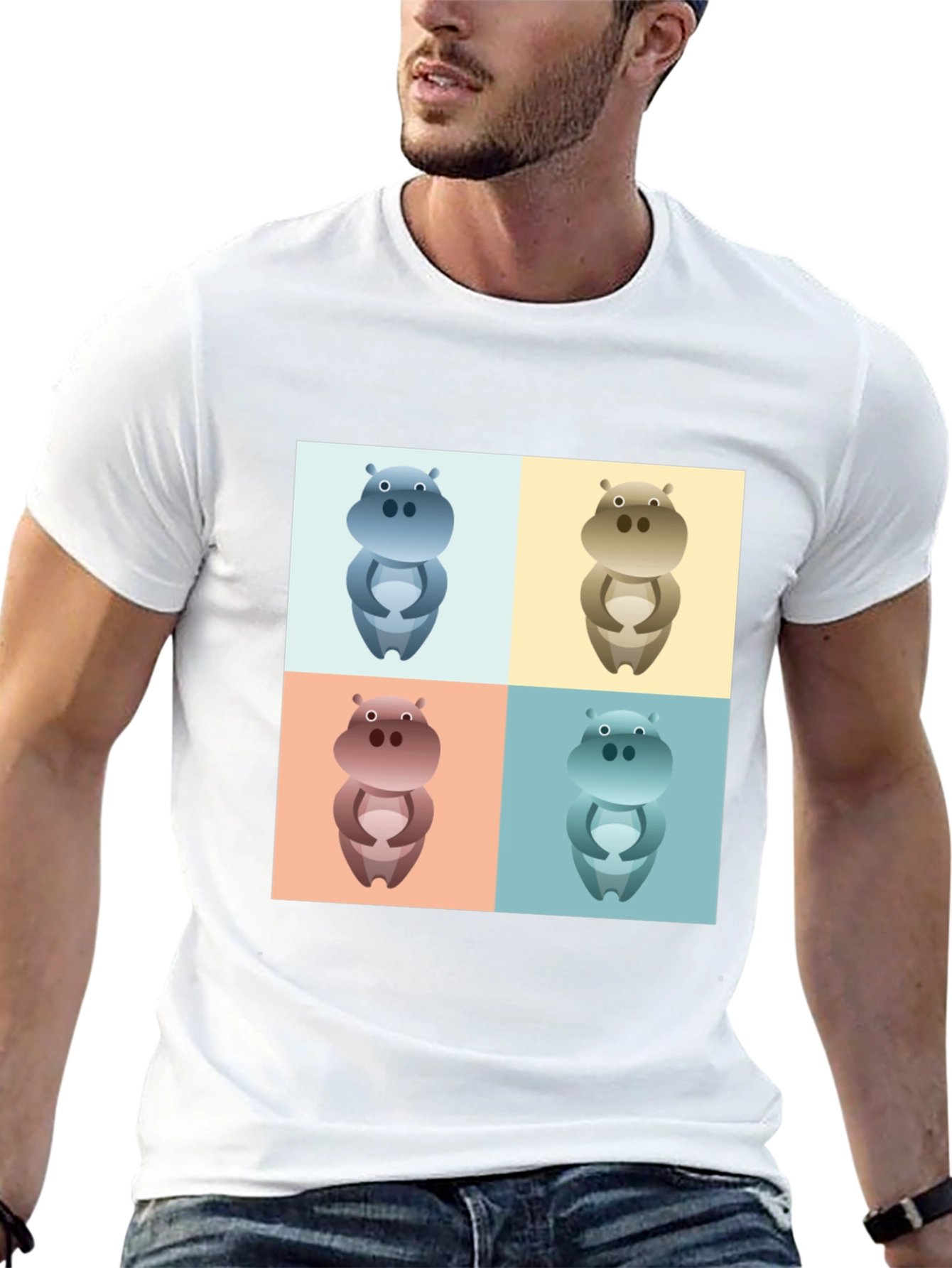 Black Hippo Pop Art Graphic Tee - Black Cotton T-Shirt view 13