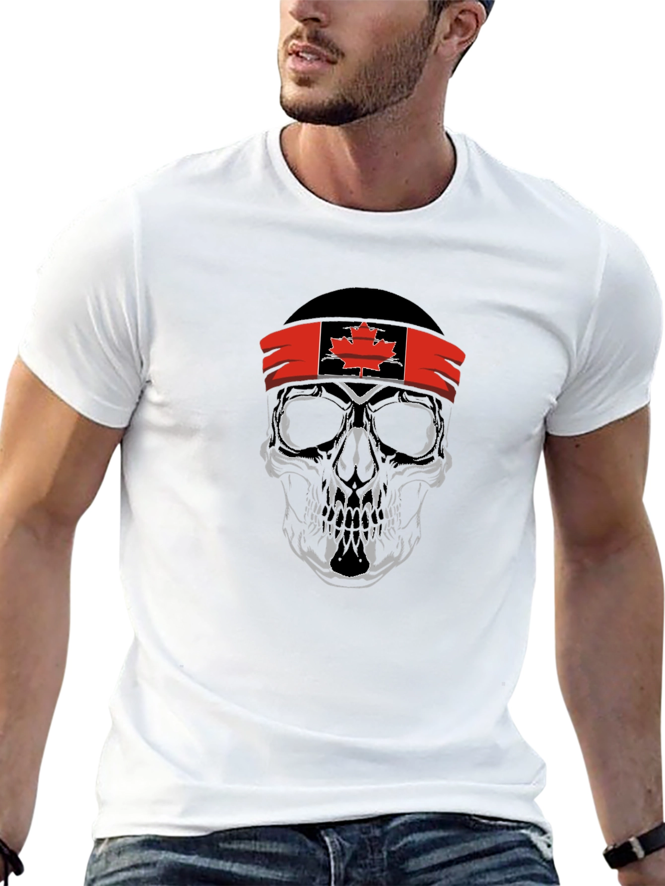 Black Skull with Canadian Flag Headband Graphic T-Shirt view 13