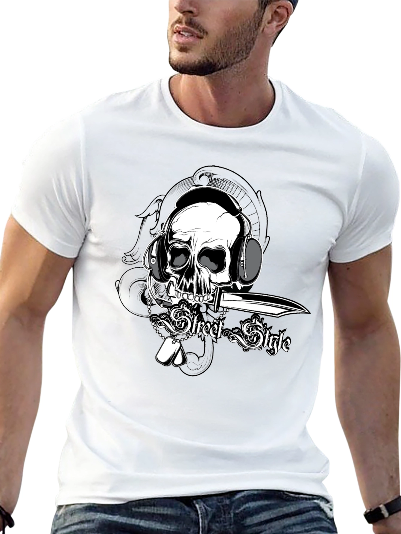 Black Skull with Headphones Graphic Tee view 13