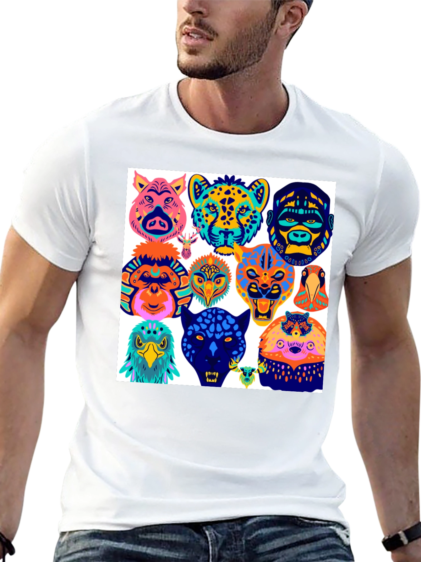 Black Animal Faces Graphic Tee - Modern Abstract Design view 13