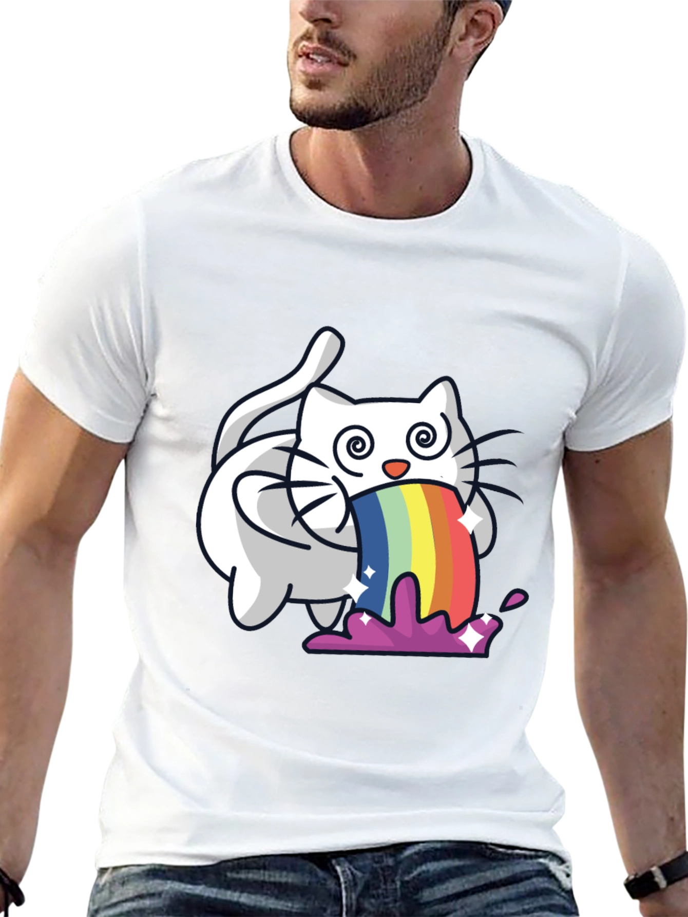 Black Rainbow Puking Cat T-Shirt - Funny Graphic Tee view 13