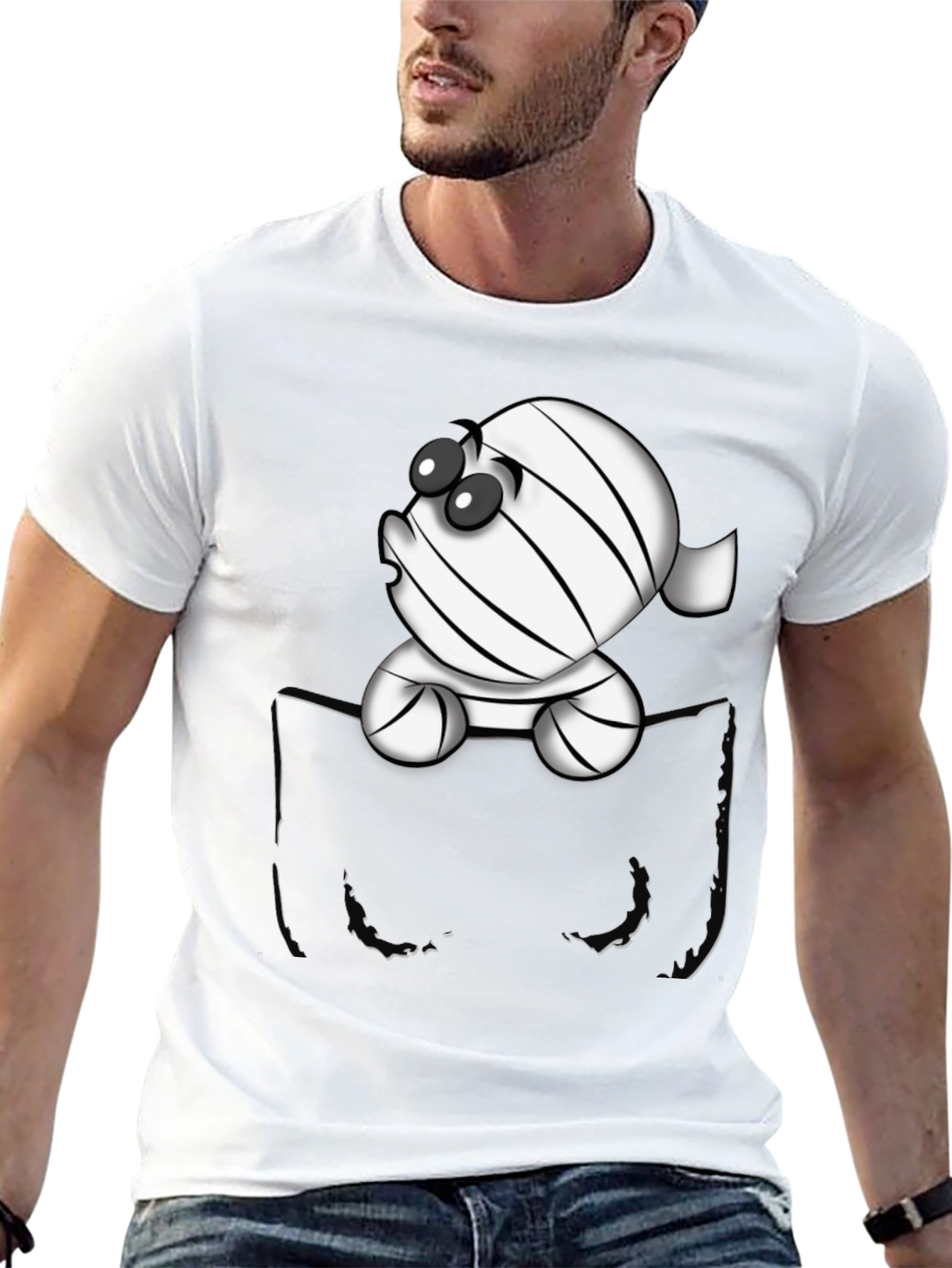 Black Cute Cartoon Mummy in Pocket T-Shirt view 13