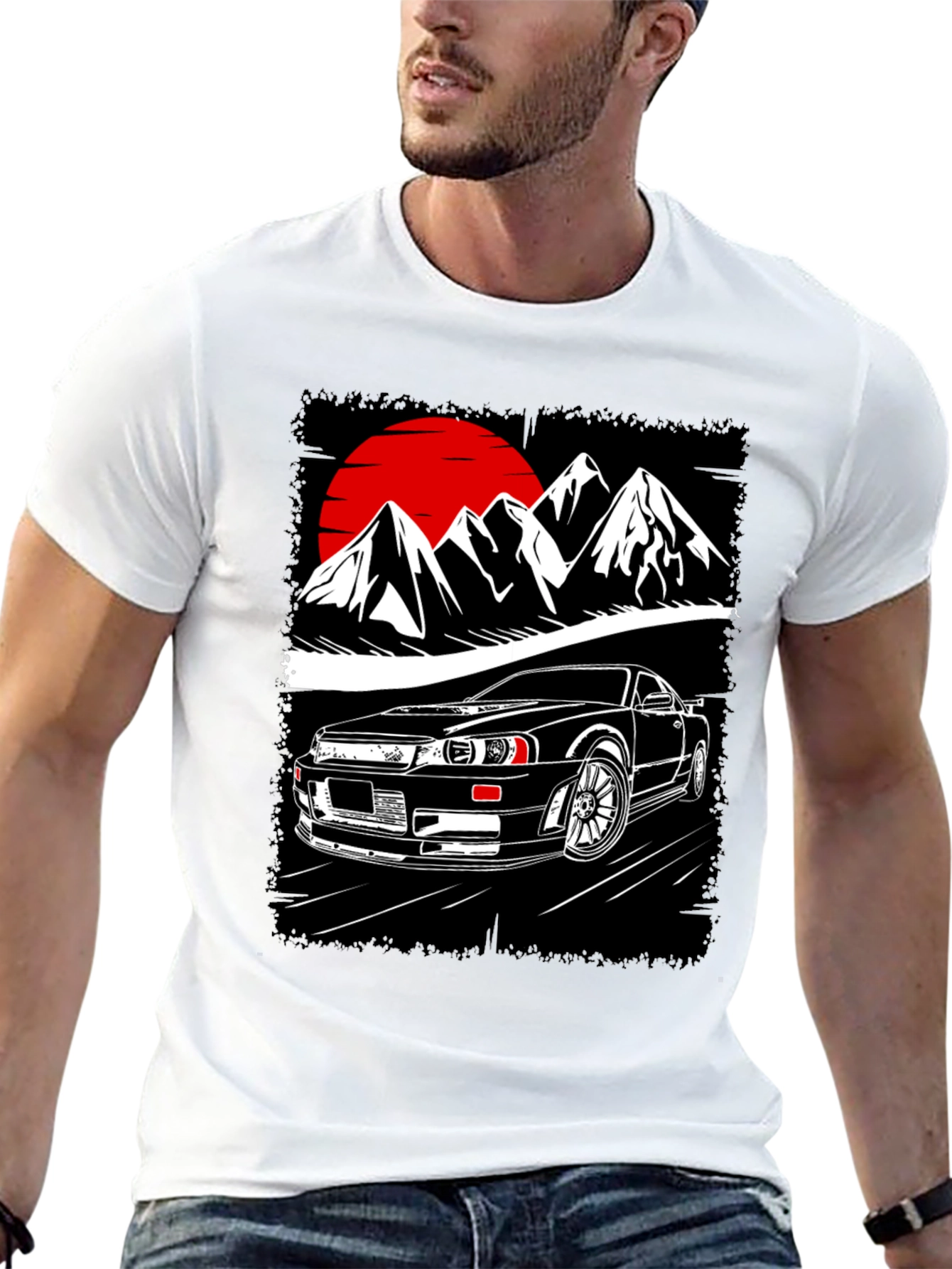 Black Car & Mountain Graphic Tee - Black Cotton T-Shirt view 13