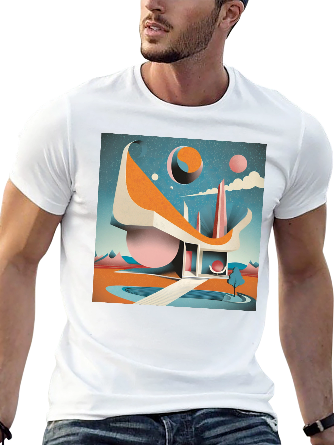Black Retro Futuristic T-Shirt: Modernist Architectural Design view 13