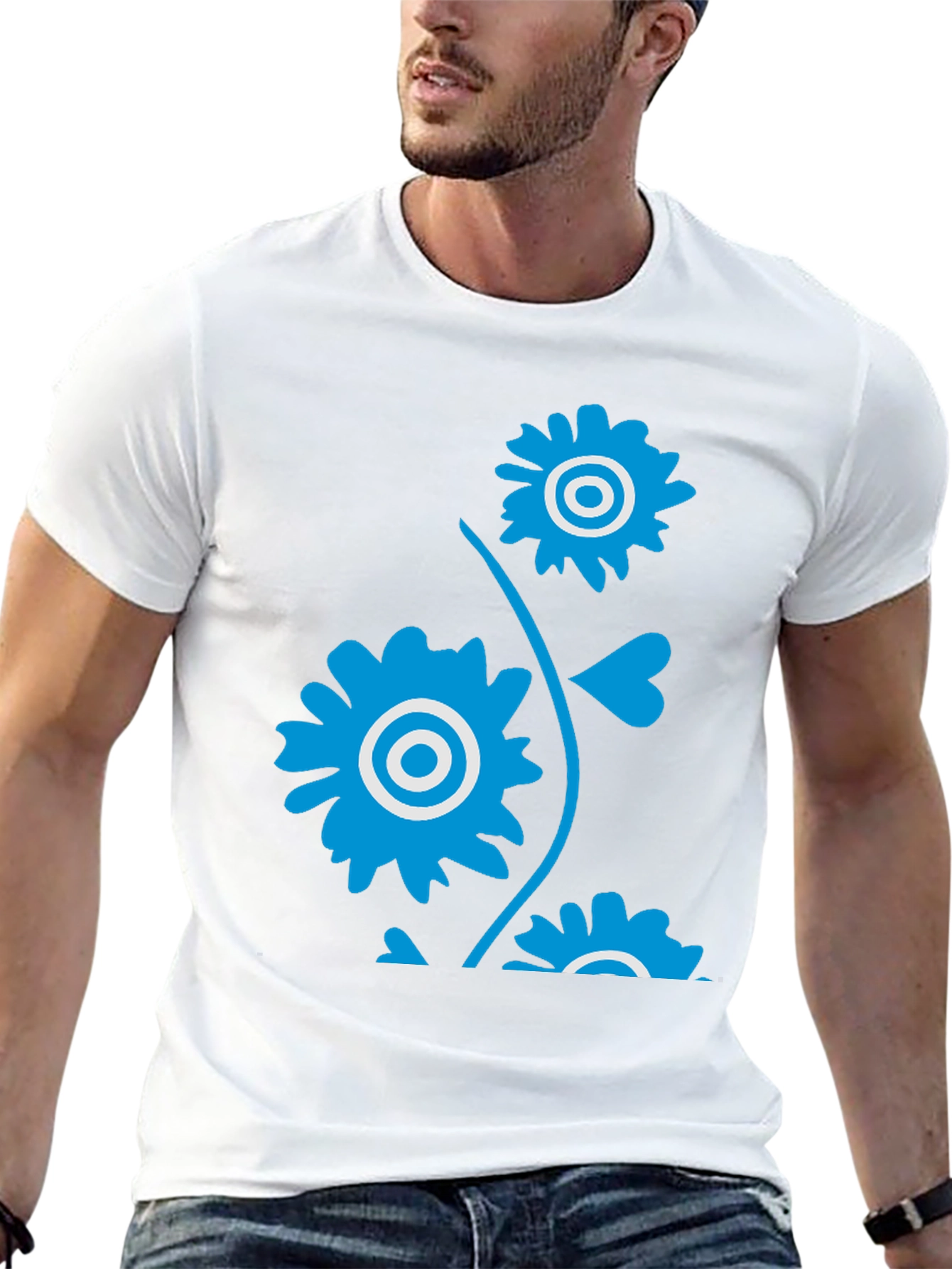 Black Men's Black T-Shirt with Blue Floral Design view 13