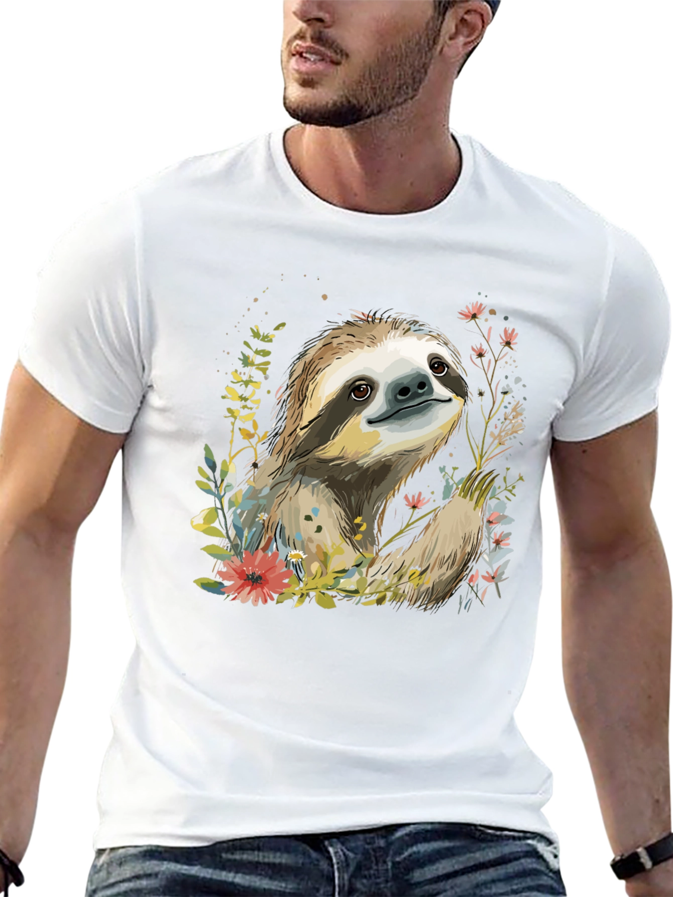 Black Sloth & Floral Print Black T-Shirt view 13