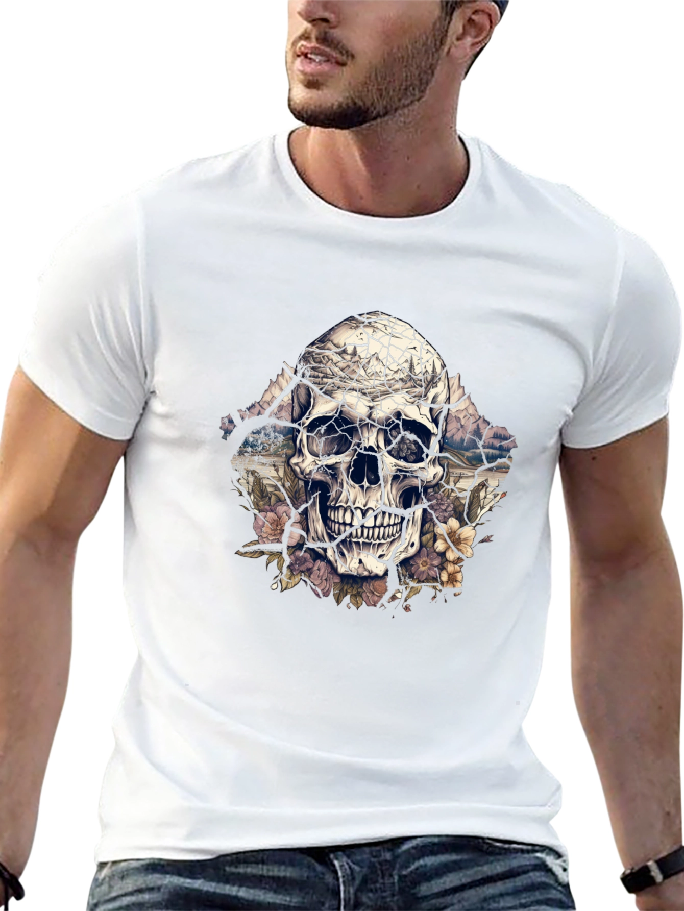 Black Floral Skull Graphic Tee - Unique Design view 13