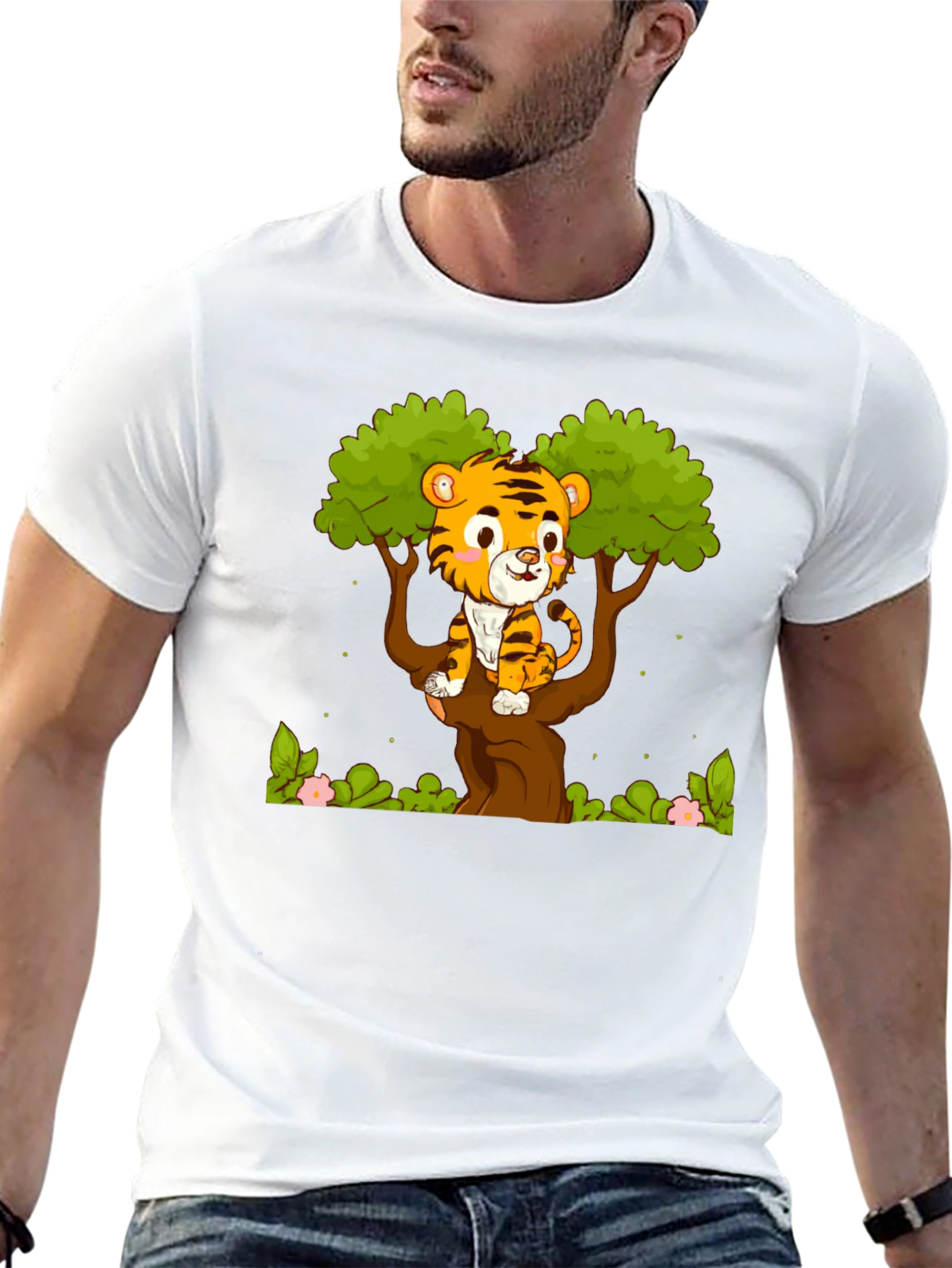 Black Cute Tiger Cub in Tree Graphic T-Shirt view 13
