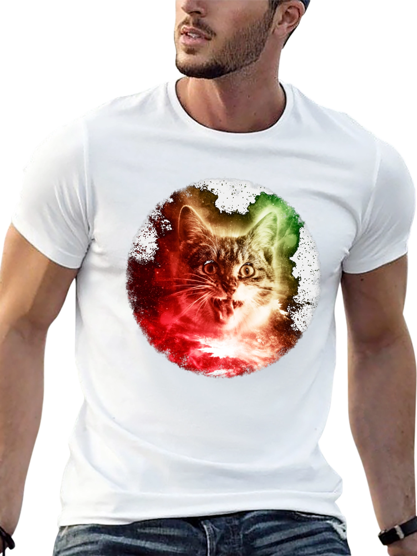 Black Galaxy Cat Graphic Tee - Unique Space Kitten T-Shirt view 13