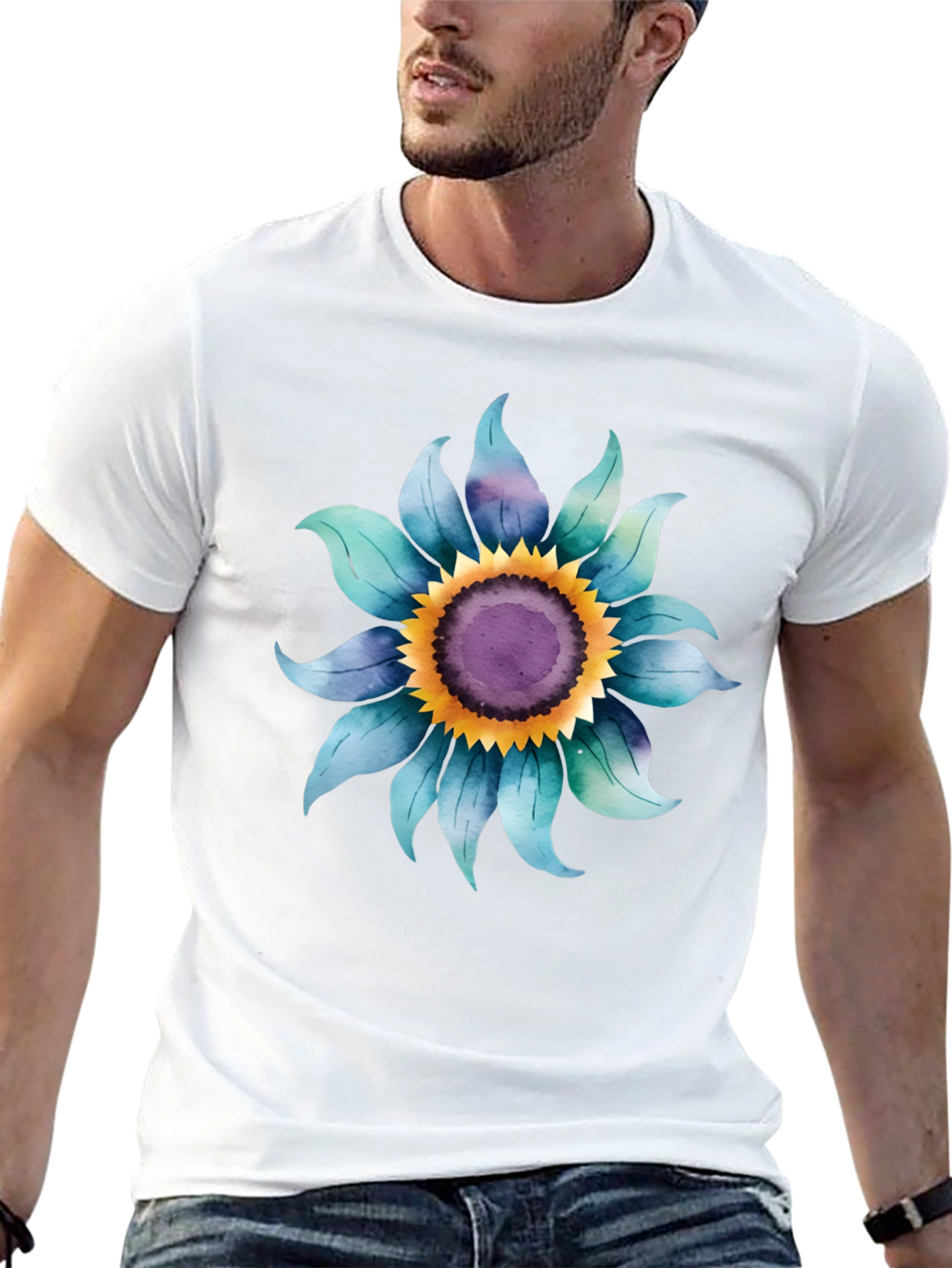 Black Blue Sunflower Graphic Tee - Soft Cotton Blend view 13
