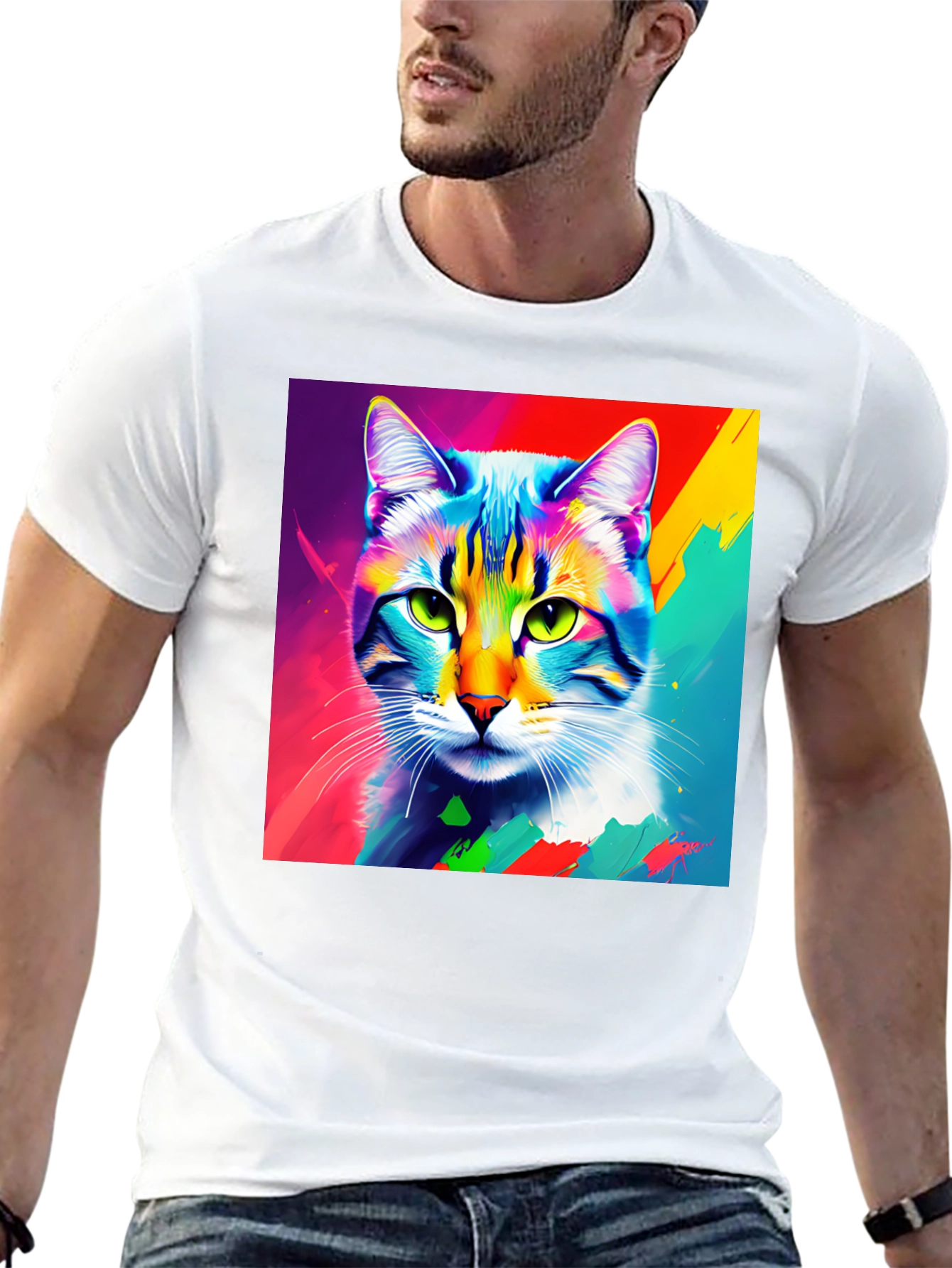 Black Vibrant Cat Portrait Graphic Tee - Stylish Crew Neck T-Shirt view 13