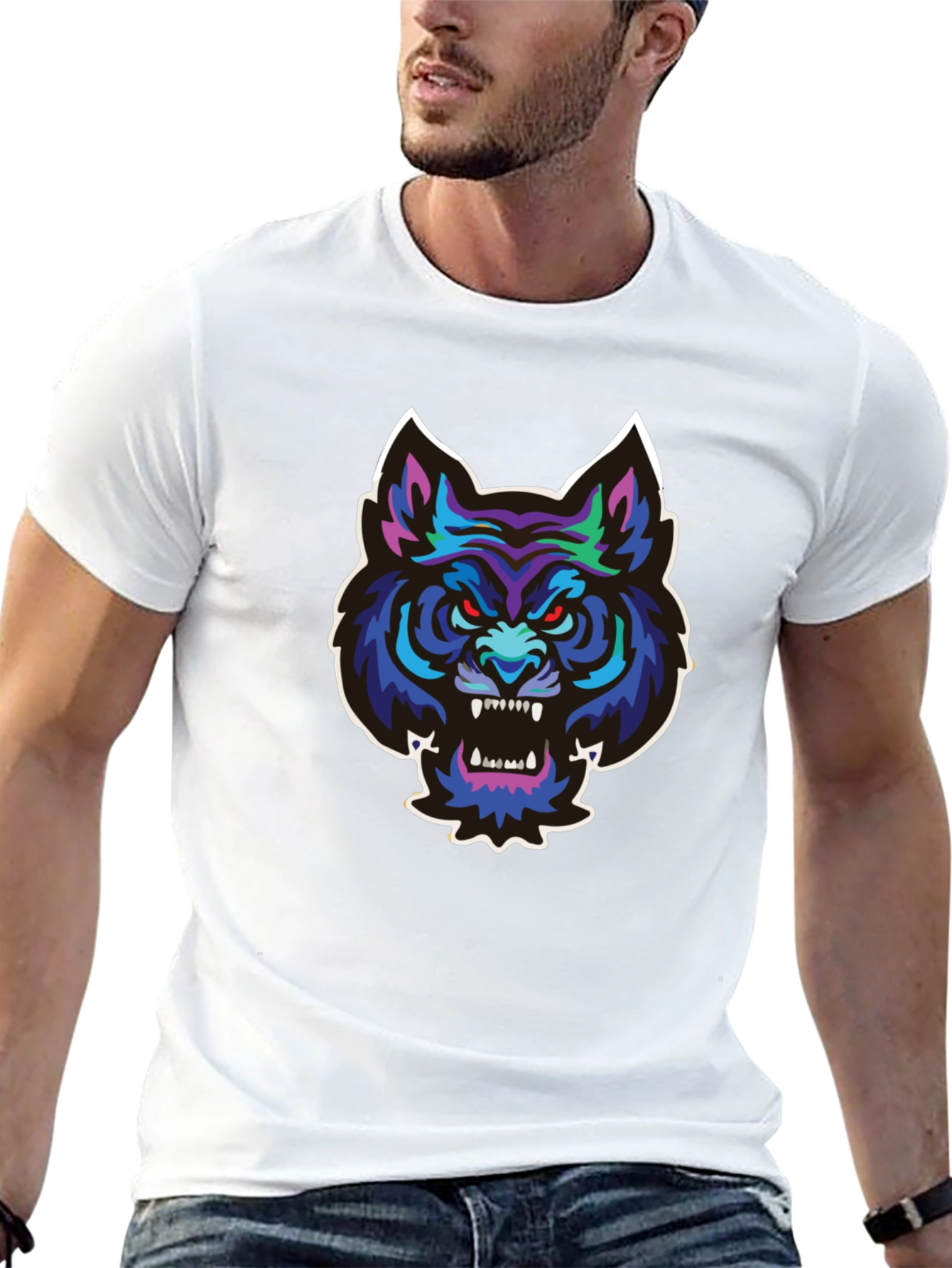 Black Men's Black T-Shirt with Wolf Graphic view 13